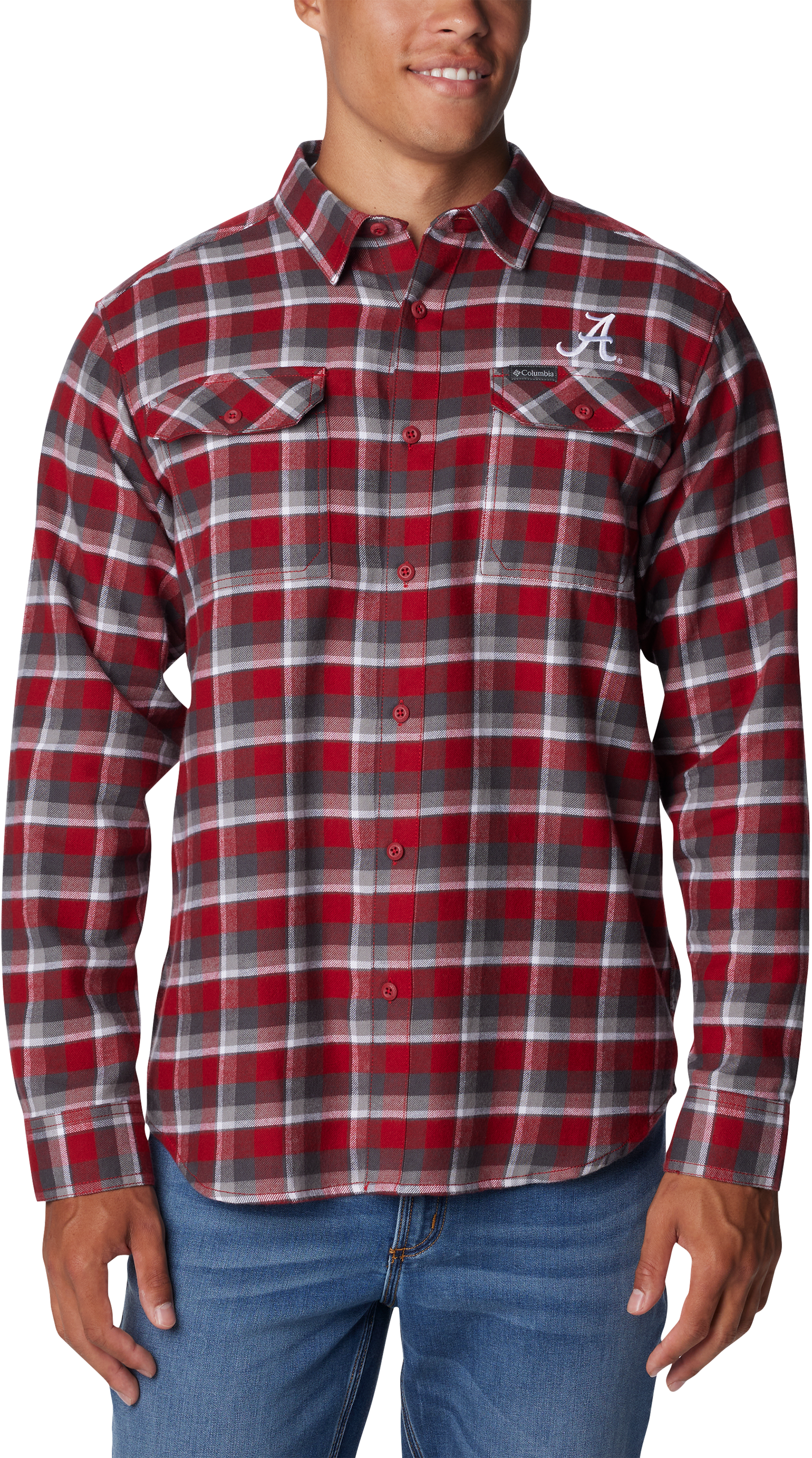 Image of Columbia Collegiate Flare Gun Flannel Long-Sleeve Button-Down Shirt for Men - University of Alabama/Red Velvet Plaid - M