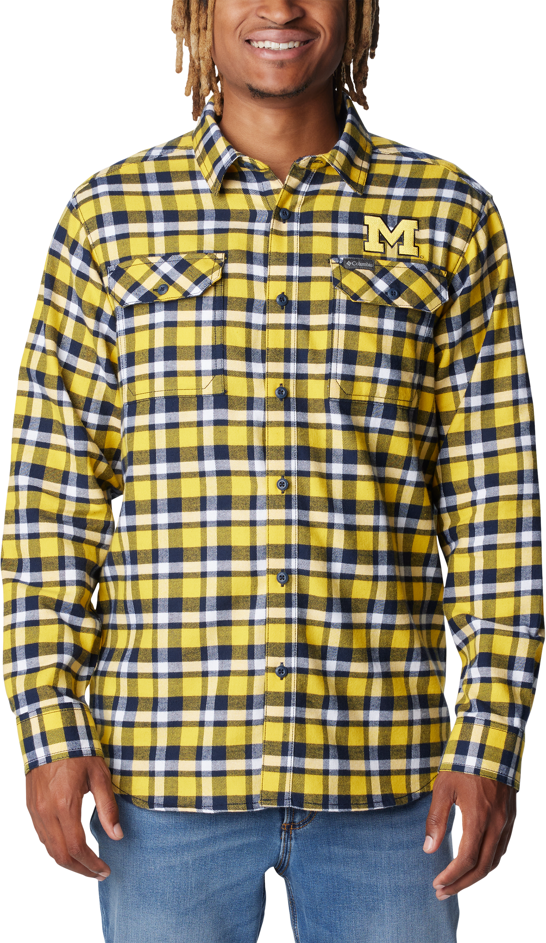 Image of Columbia Collegiate Flare Gun Flannel Long-Sleeve Button-Down Shirt for Men - University of Michigan/Yellow Plaid - M