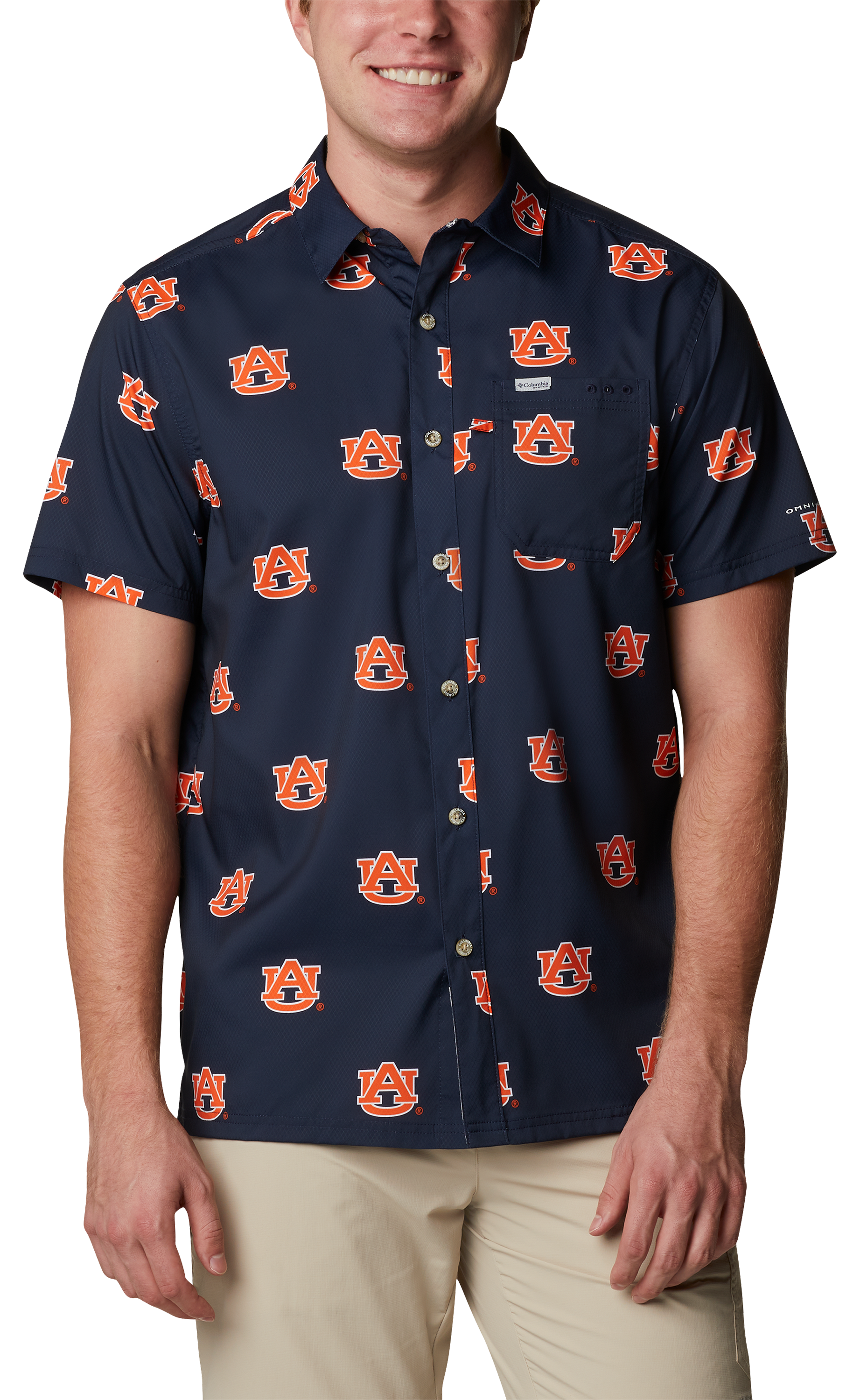 Image of Columbia Collegiate Super Slack Tide Short-Sleeve Button-Down Shirt for Men - Auburn University/Collegiate Navy Logo - M