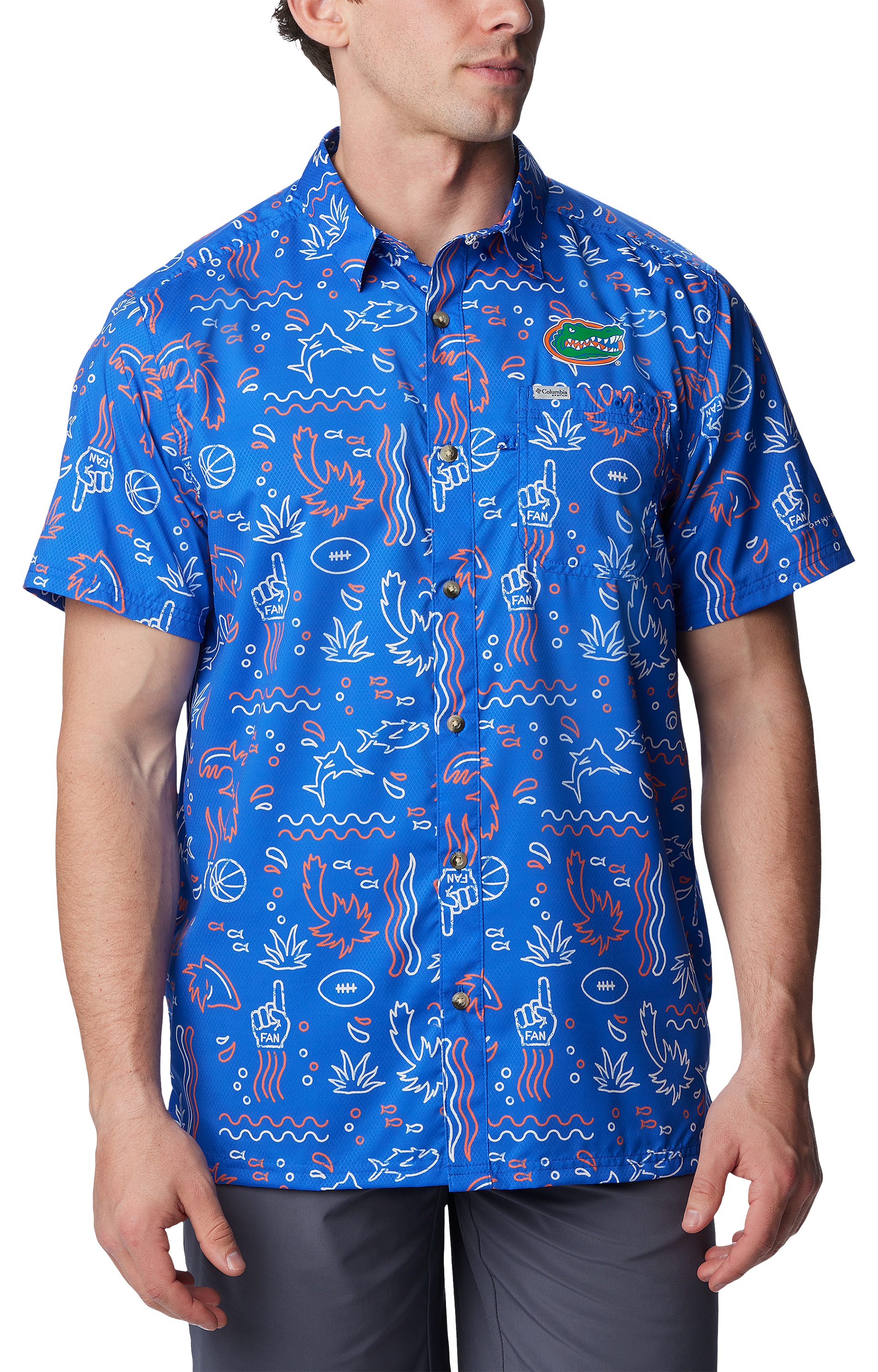 Image of Columbia Collegiate Super Slack Tide Short-Sleeve Button-Down Shirt for Men - University of Florida/Azul Fish Print - M