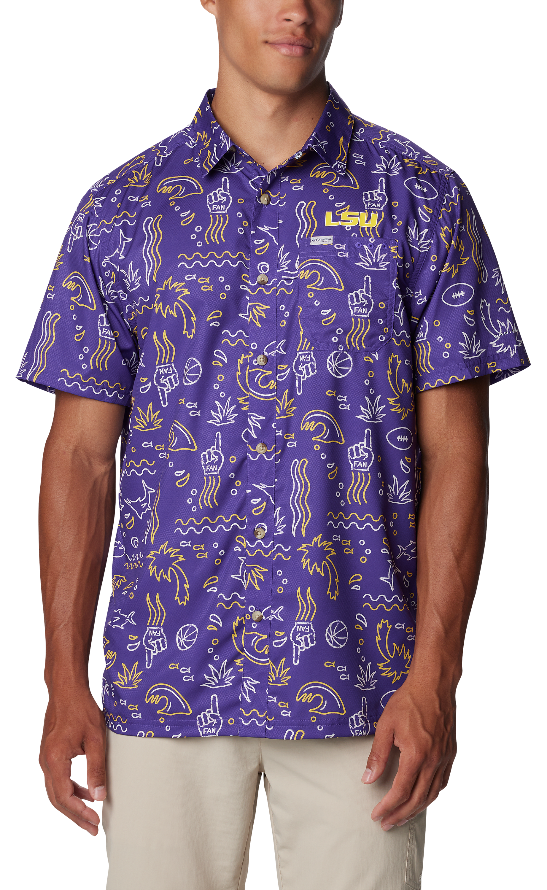 Image of Columbia Collegiate Super Slack Tide Short-Sleeve Button-Down Shirt for Men - Louisiana State University/Vivid Purple Fish - M