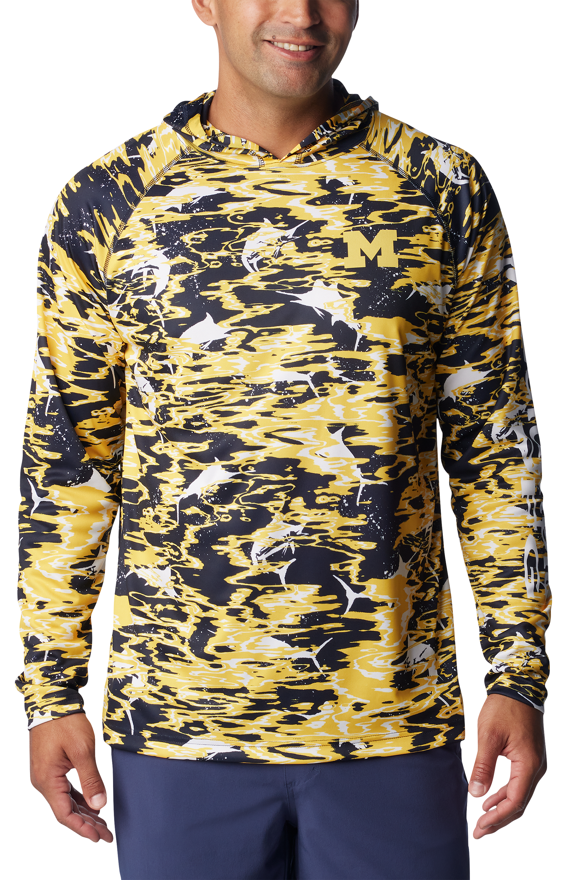 Image of Columbia Collegiate Super Terminal Tackle Long-Sleeve Hoodie for Men - University of Michigan/Collegiate Navy Ripple Print - M