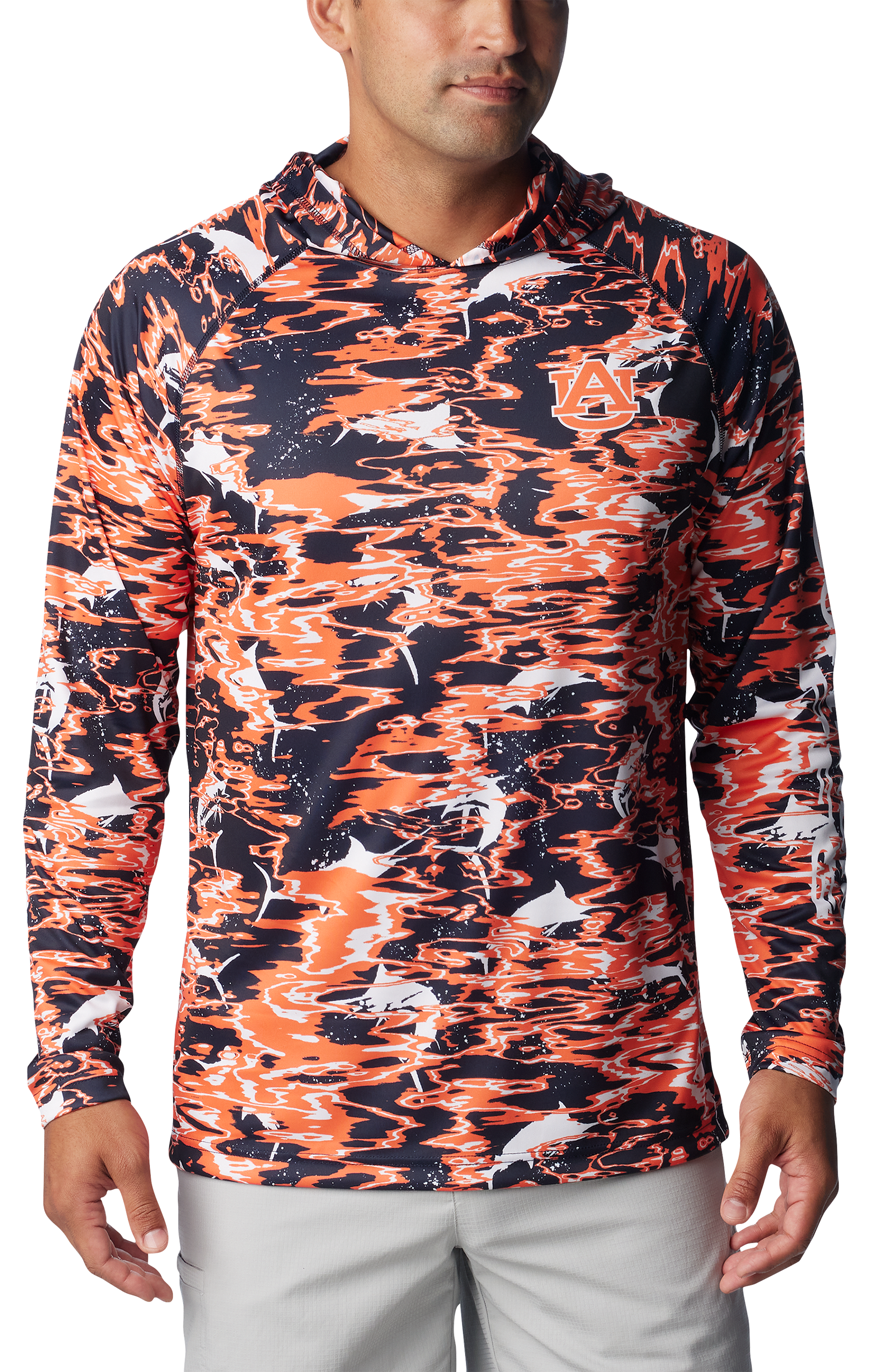 Image of Columbia Collegiate Super Terminal Tackle Long-Sleeve Hoodie for Men - Auburn University/Navy Ripple Print - M