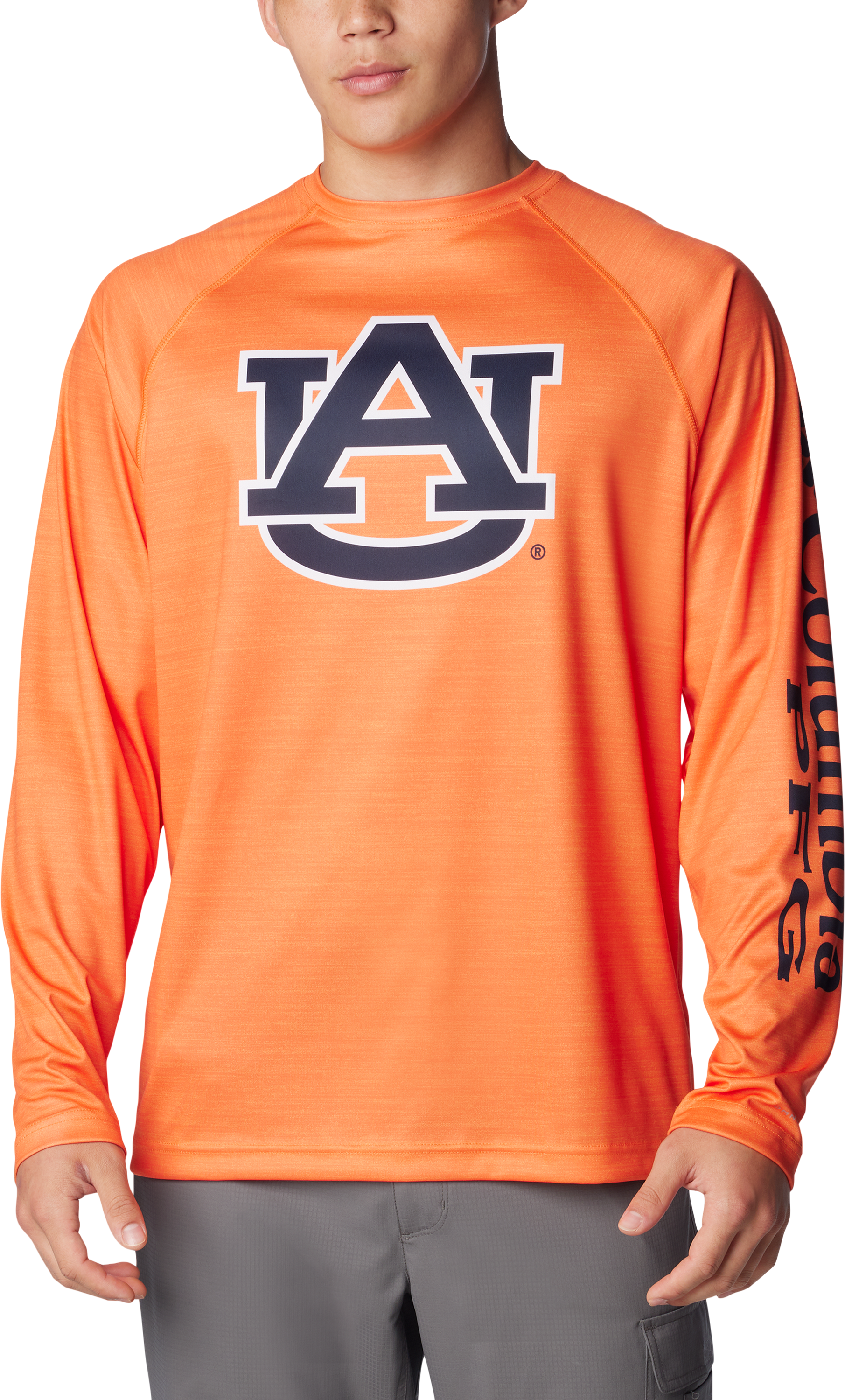 Image of Columbia Collegiate PFG Terminal Tackle Heather Long-Sleeve Shirt for Men - Auburn University/Spark Orange Heather - S