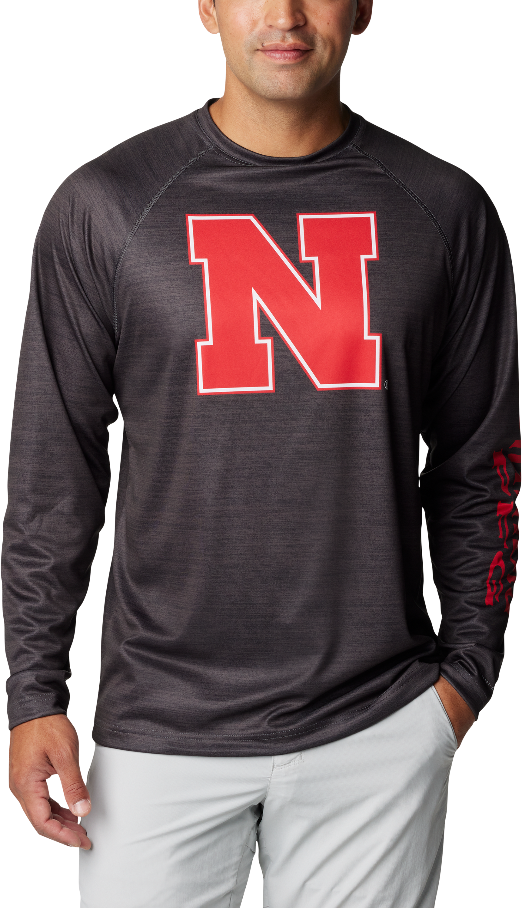 Image of Columbia Collegiate PFG Terminal Tackle Heather Long-Sleeve Shirt for Men - University of Nebraska/Shark Heather - S