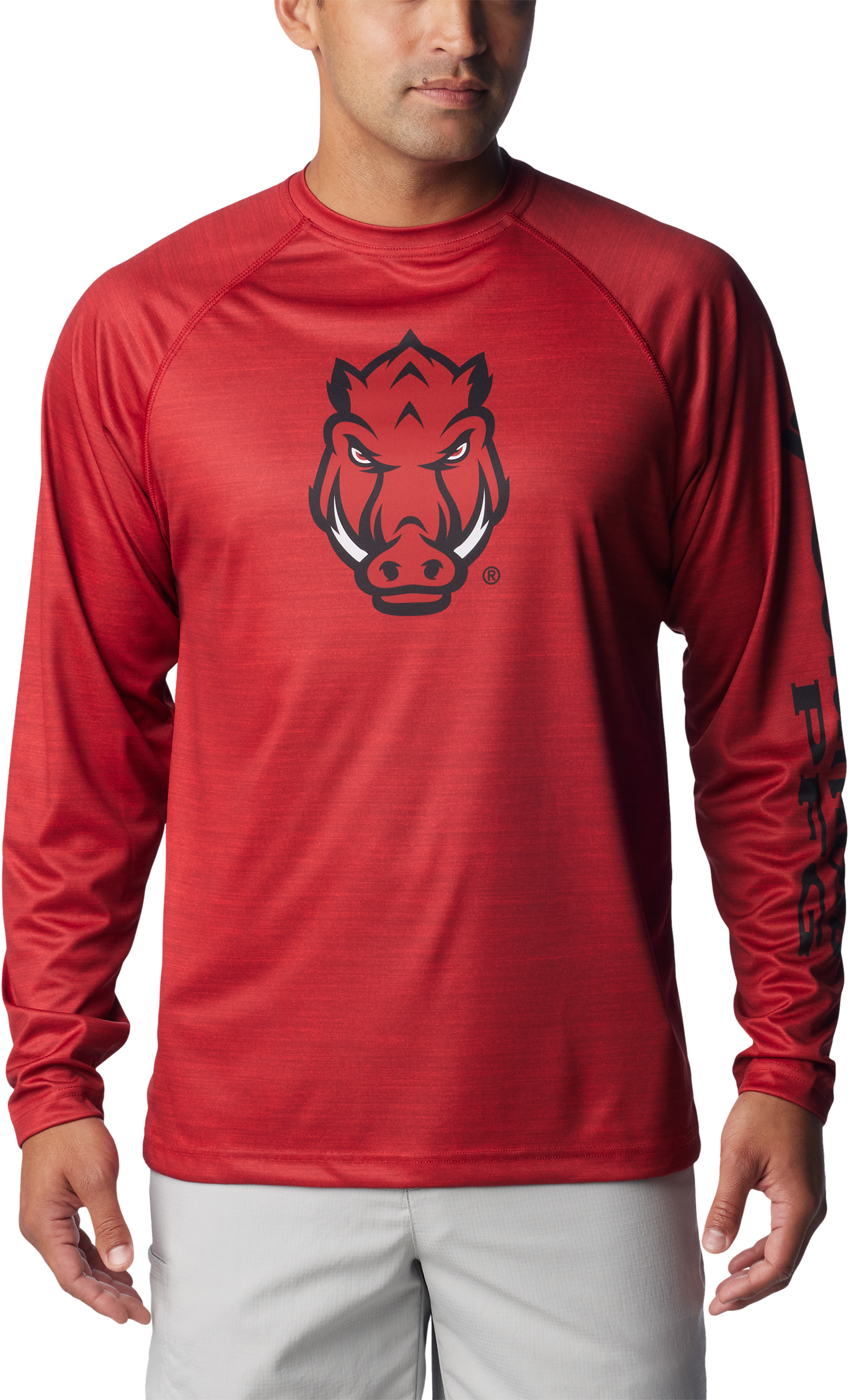 Image of Columbia Collegiate PFG Terminal Tackle Heather Long-Sleeve Shirt for Men - University of Arkansas/Red Velvet Heather - S