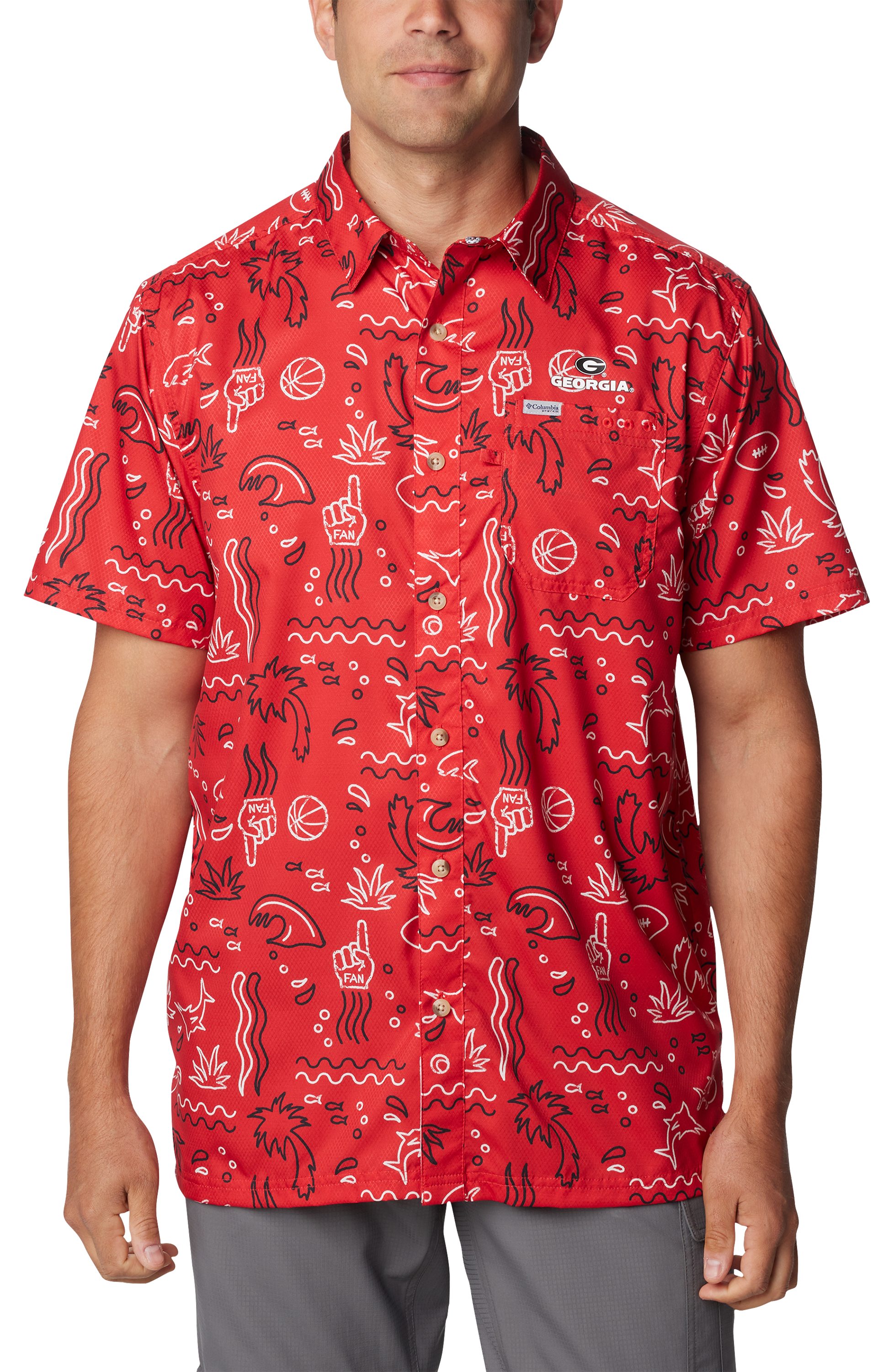 Image of Columbia Collegiate Super Slack Tide Short-Sleeve Button-Down Shirt for Men - University of Georgia/Bright Red Fish Print - L