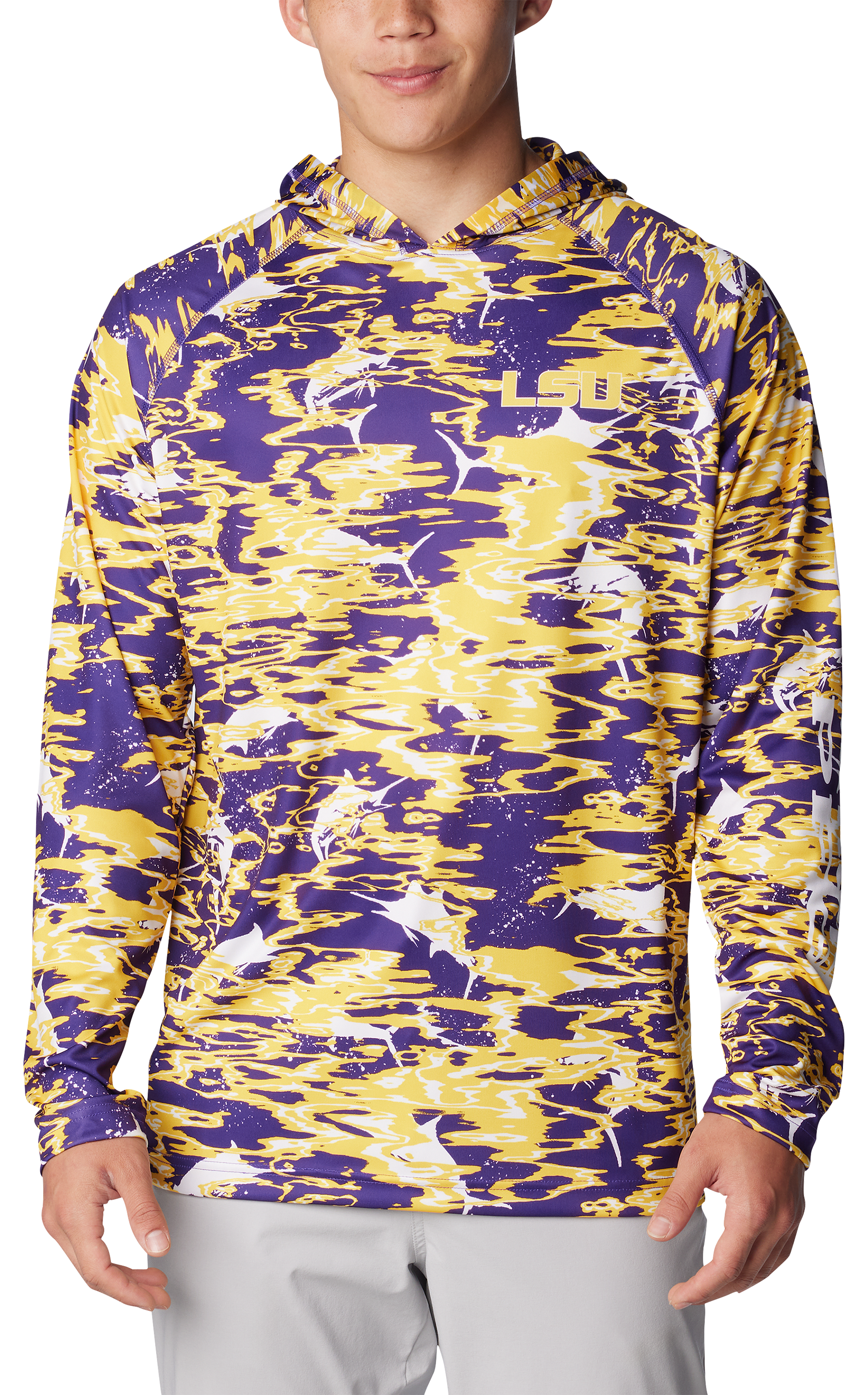 Image of Columbia Collegiate Super Terminal Tackle Long-Sleeve Hoodie for Men - Louisiana State University/Vivid Purple Ripple Print - S