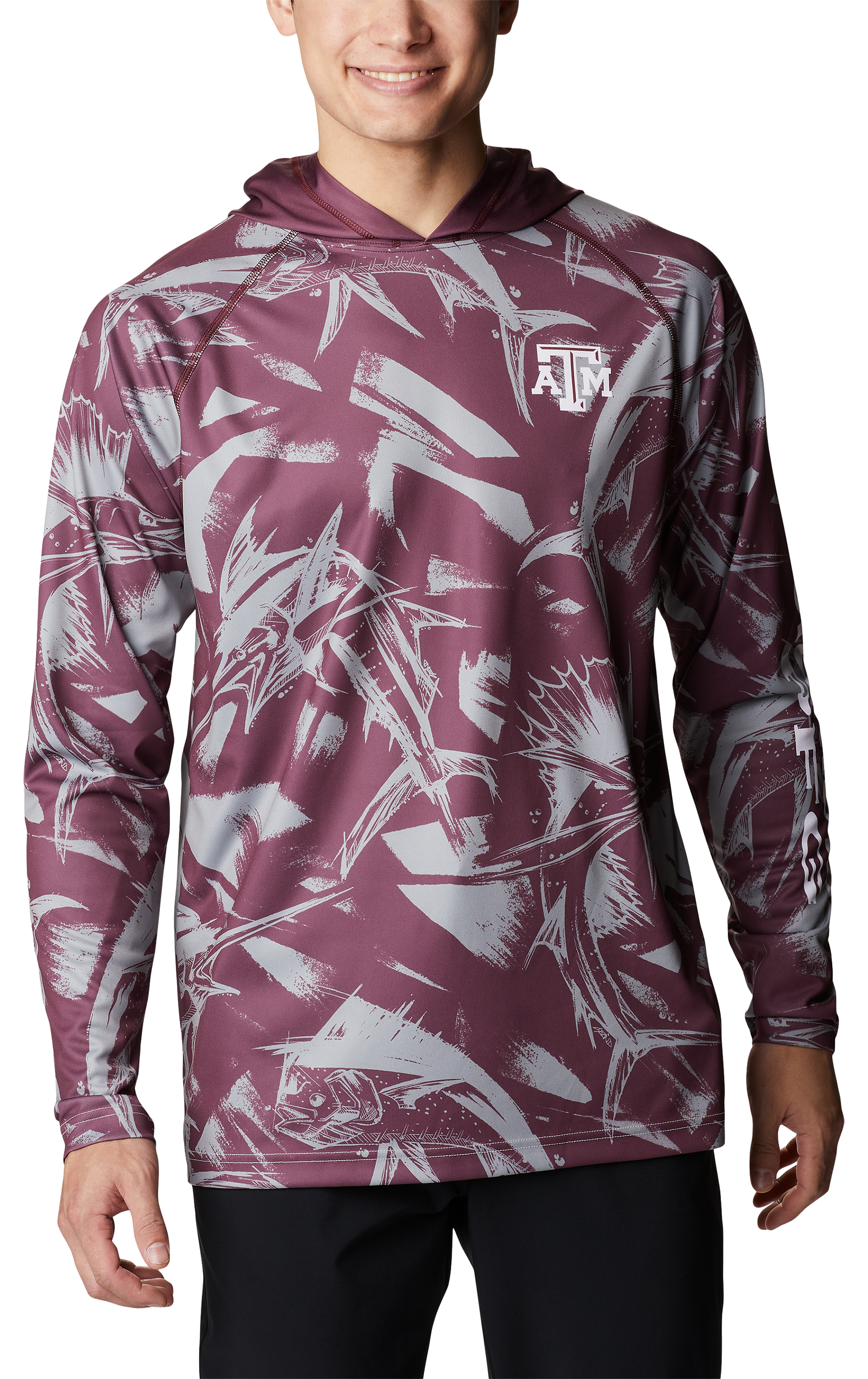 Image of Columbia Collegiate Super Terminal Tackle Long-Sleeve Hoodie for Men - Texas A&M University/Deep Maroon Game Fish - 2XL