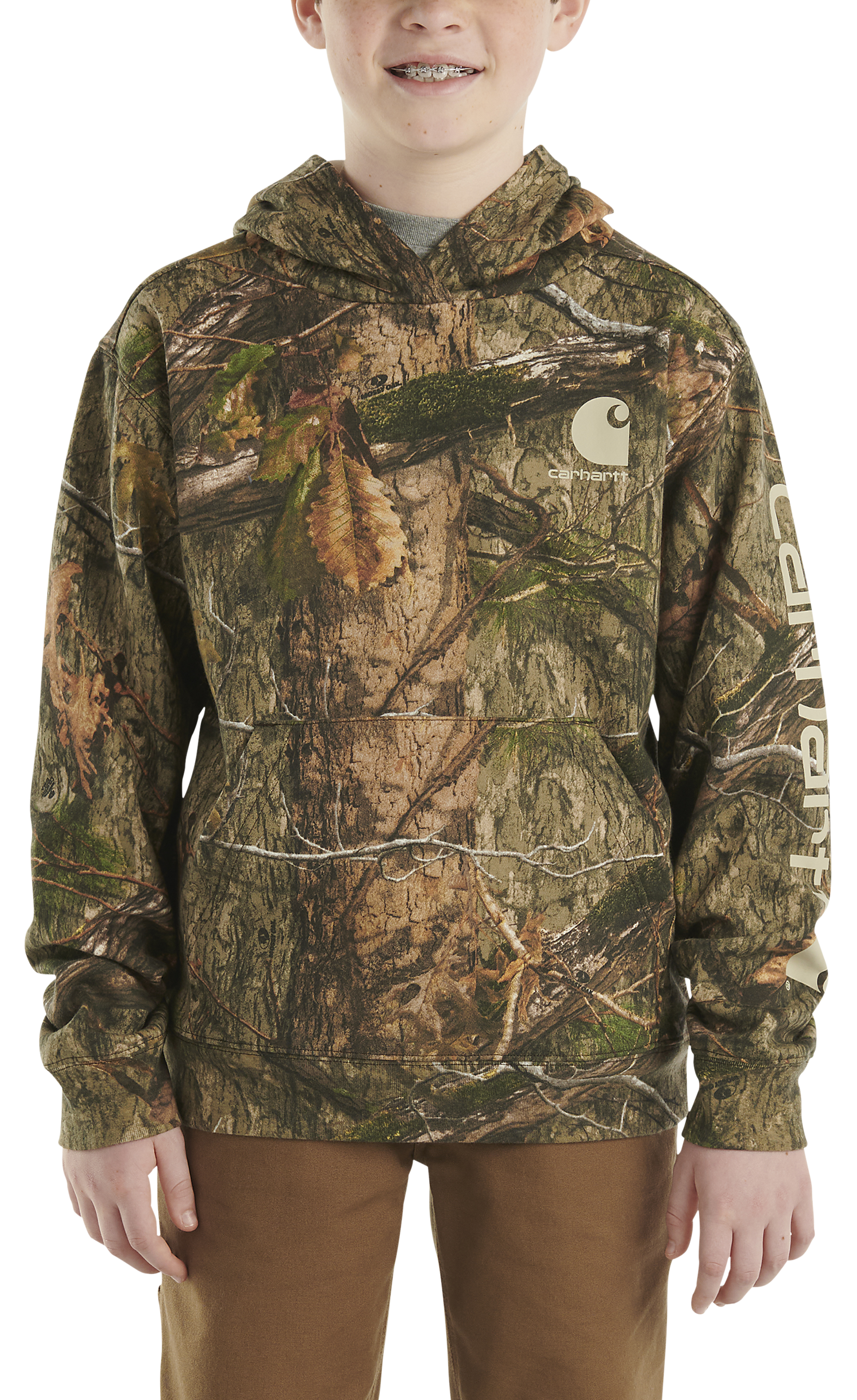 Image of Carhartt Camo Graphic Long-Sleeve Hooded Sweatshirt for Kids - Mossy Oak Country DNA - L