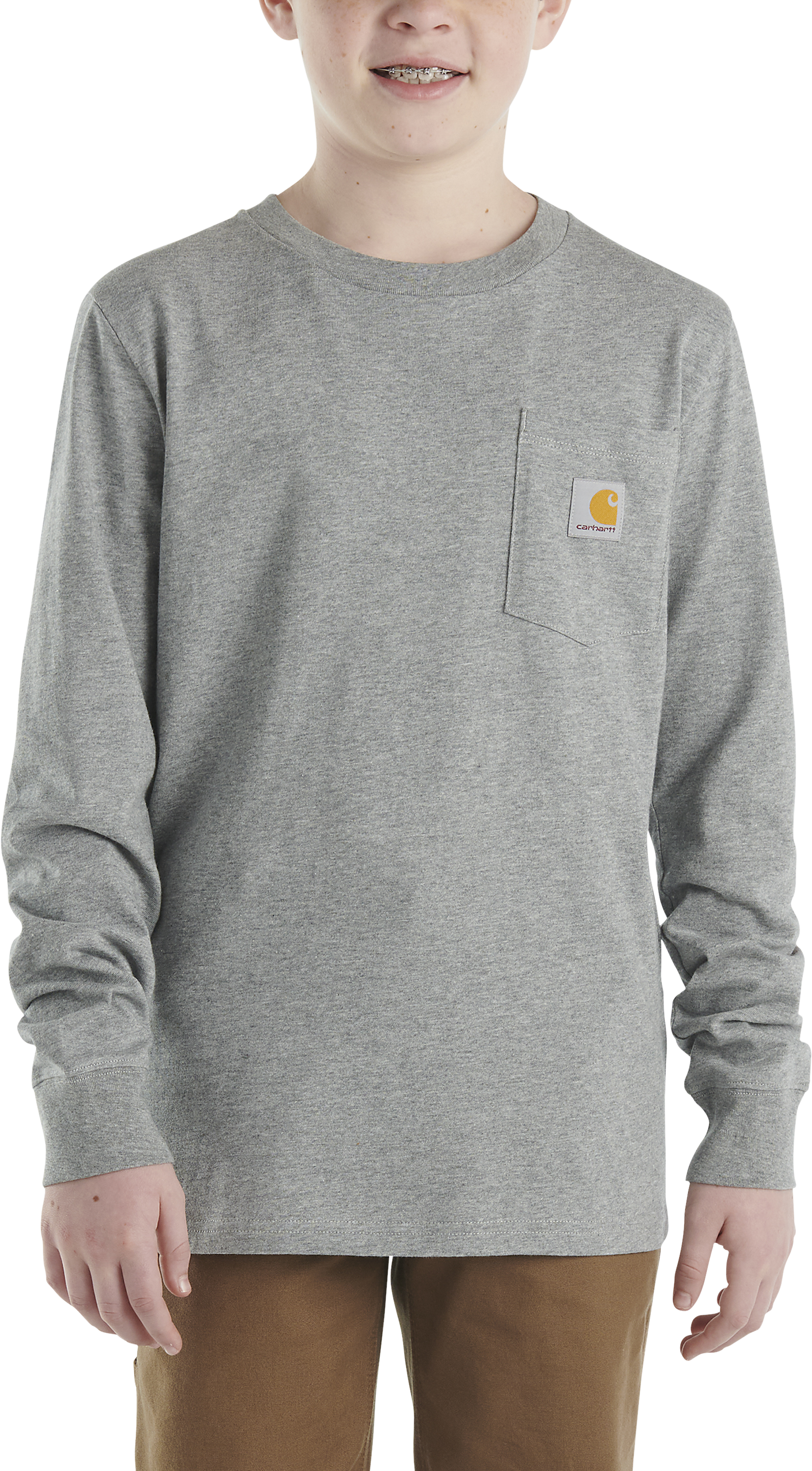 Image of Carhartt Knit Crew-Neck Long-Sleeve Pocket T-Shirt for Kids - Grey Heather