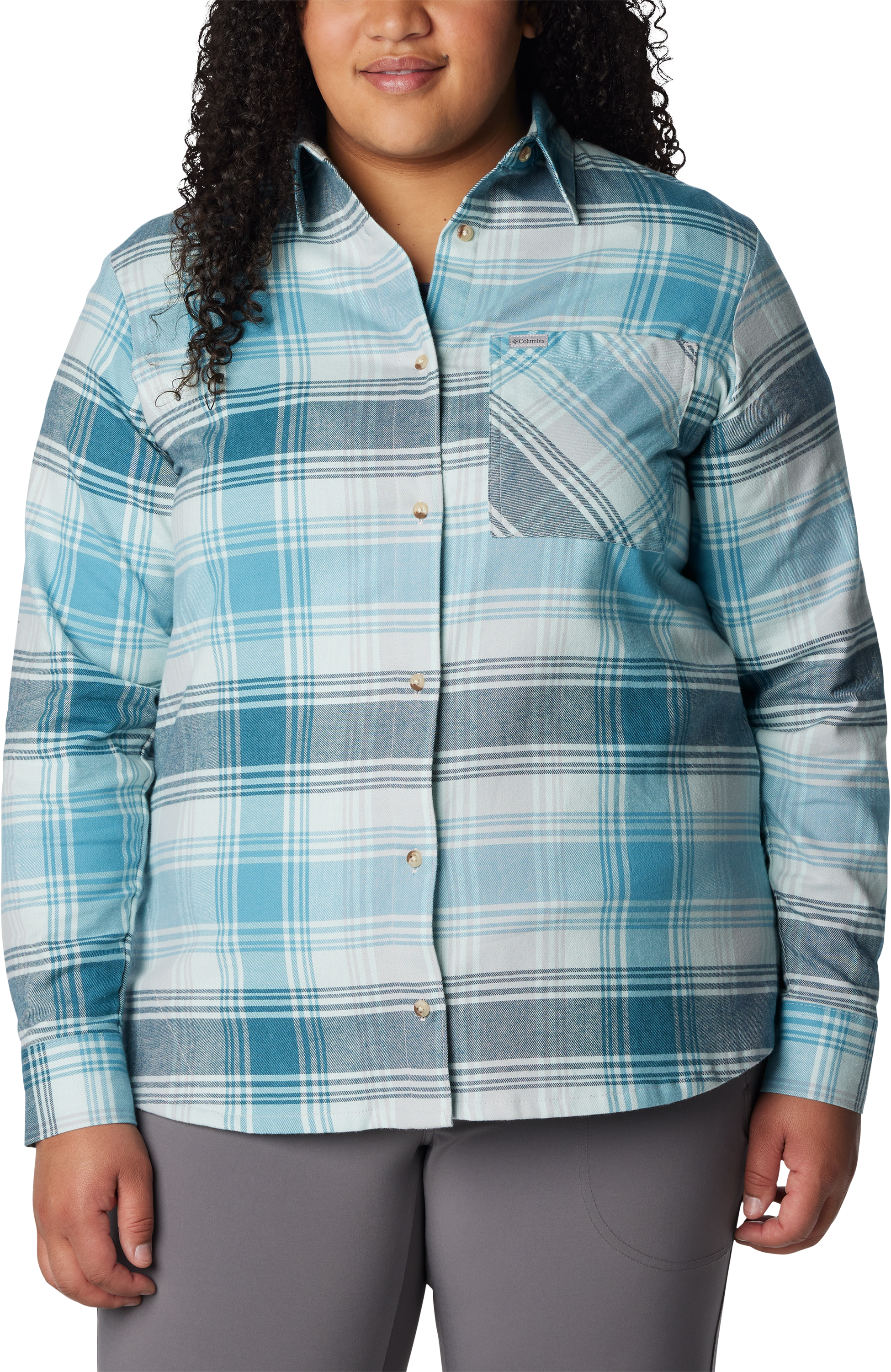 Image of Columbia Calico Basin Flannel Long-Sleeve Button-Down Shirt for Ladies - Aqua Haze Dimensional Buffalo - 1X