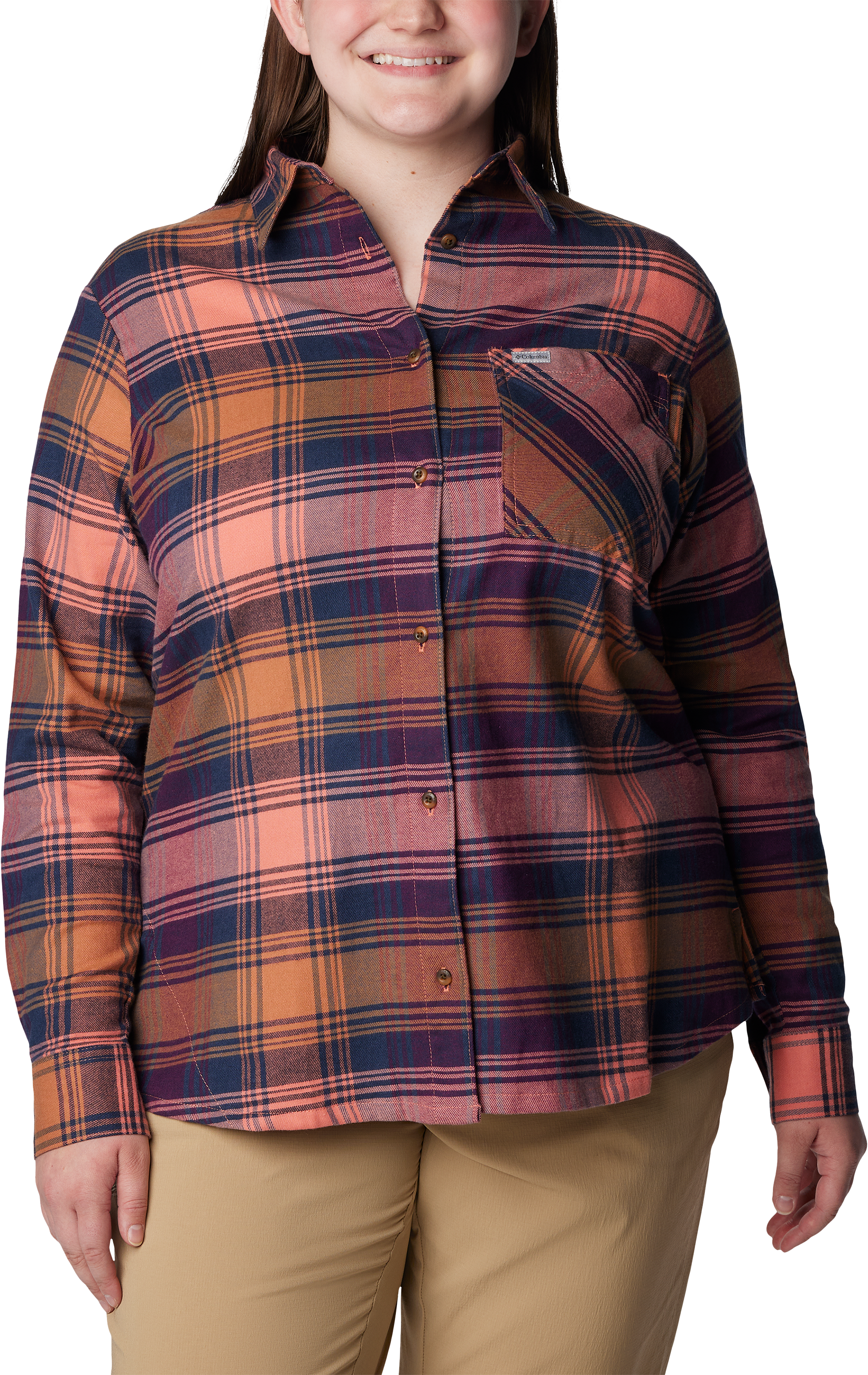 Image of Columbia Calico Basin Flannel Long-Sleeve Button-Down Shirt - Faded Peach Dimensional Buffalo