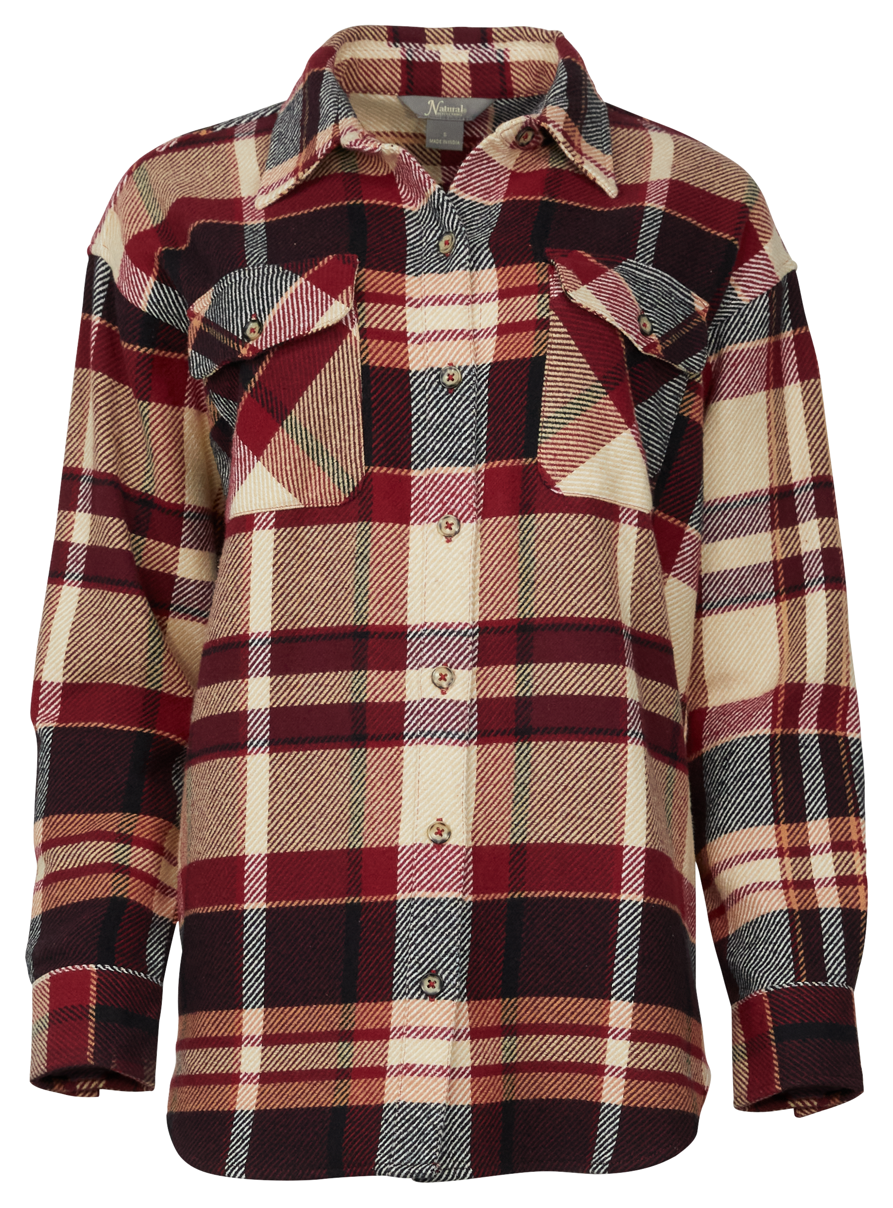 Image of Natural Reflections Fireside Flannel Button-Down Long-Sleeve Shirt - Wine Plaid - M
