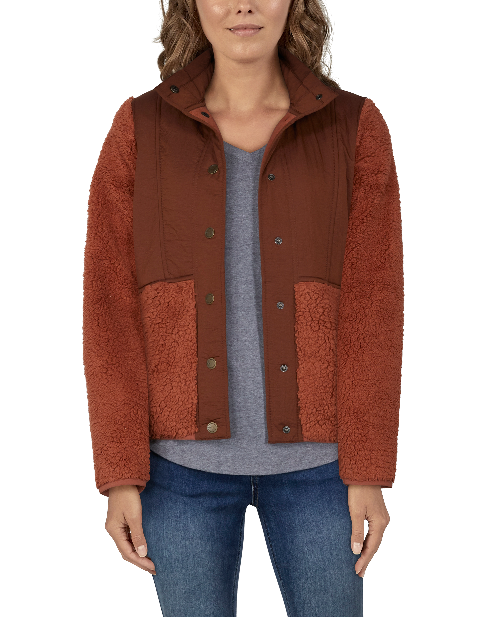 Image of Natural Reflections Drop-Shoulder Sherpa Jacket for Ladies - Copper Brown/Cappuccino - M