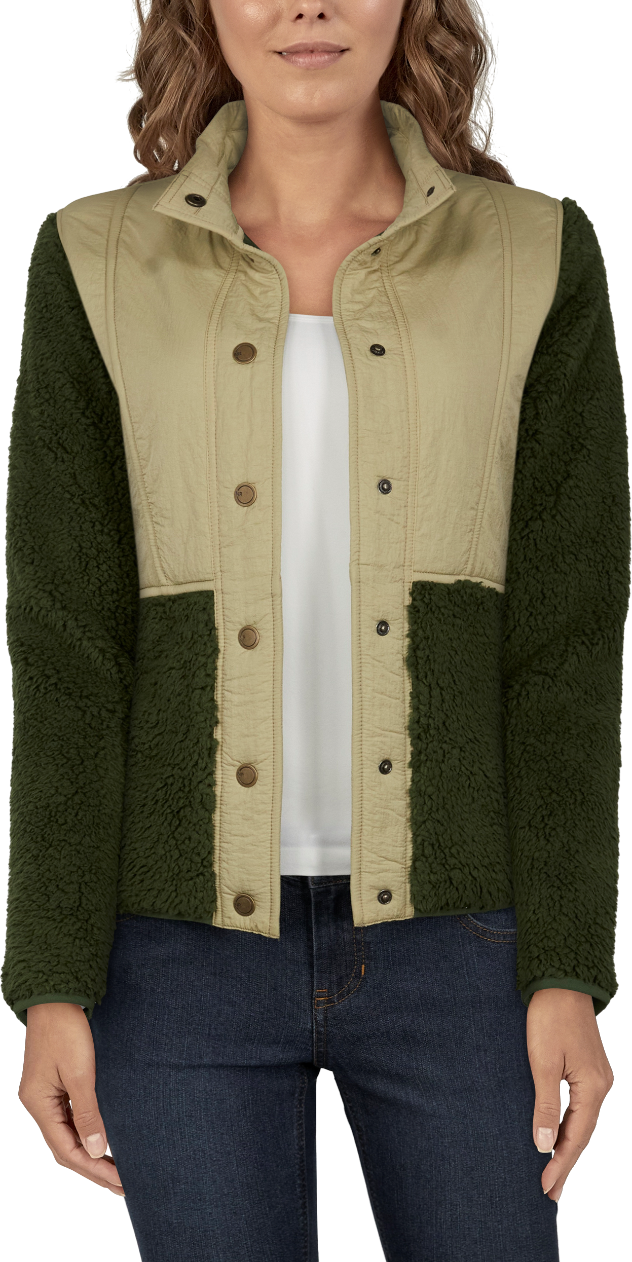 Image of Natural Reflections Drop-Shoulder Sherpa Jacket for Ladies - Kombu Green/Twill - L