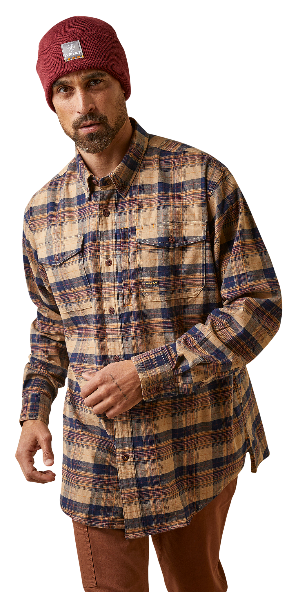 Image of Ariat Rebar Durastretch Flannel Long-Sleeve Shirt for Men - Tiger's Eye Plaid - S