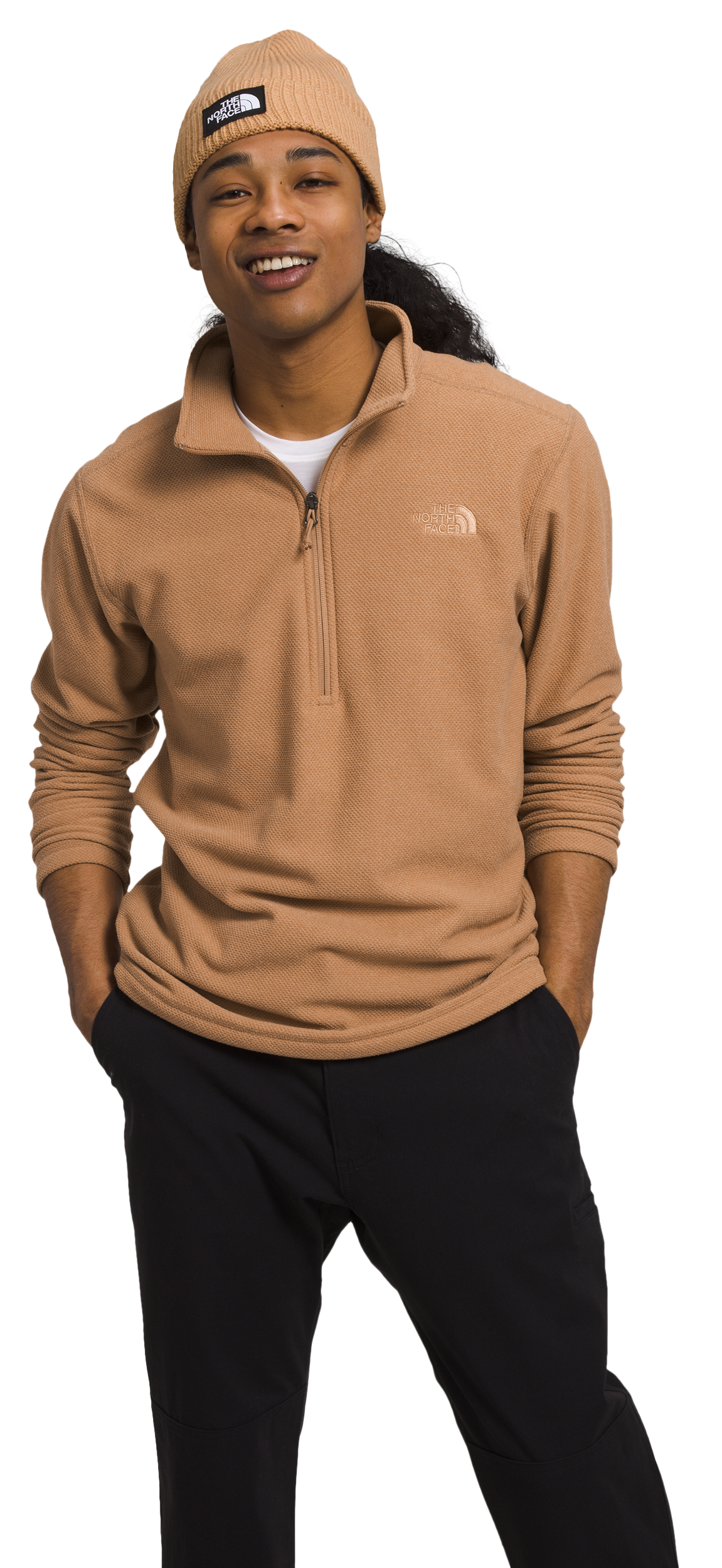 Image of The North Face Textured Cap Rock Quarter-Zip Long-Sleeve Fleece Pullover for Men - Almond Butter - S