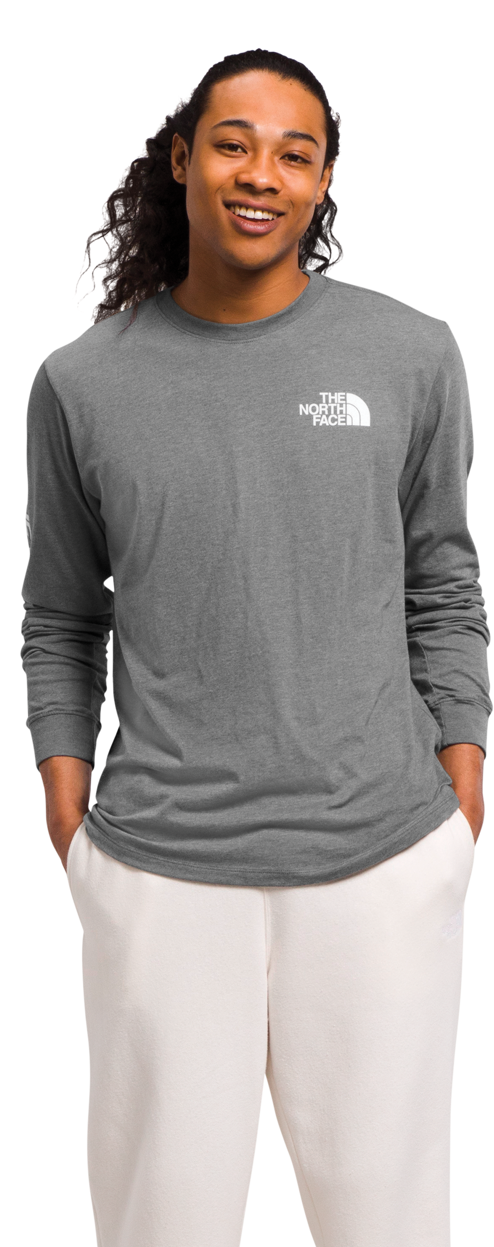 Image of The North Face Hit Graphic Long-Sleeve T-Shirt for Men - TNF Medium Grey Heather/TNF White - S