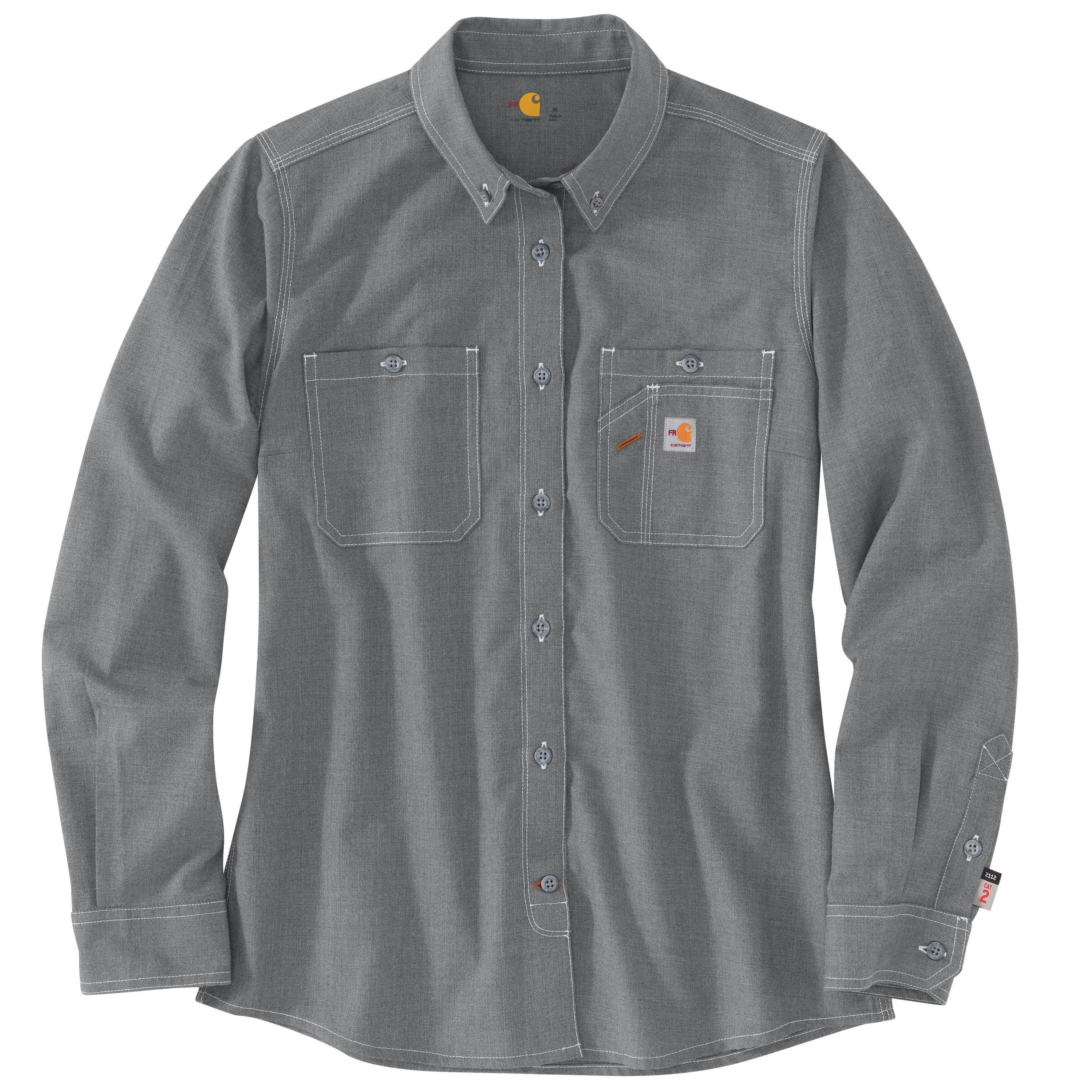 Image of Carhartt Flame-Resistant Force Relaxed Fit Lightweight Long-Sleeve Button-Front Shirt for Ladies - Gray - S