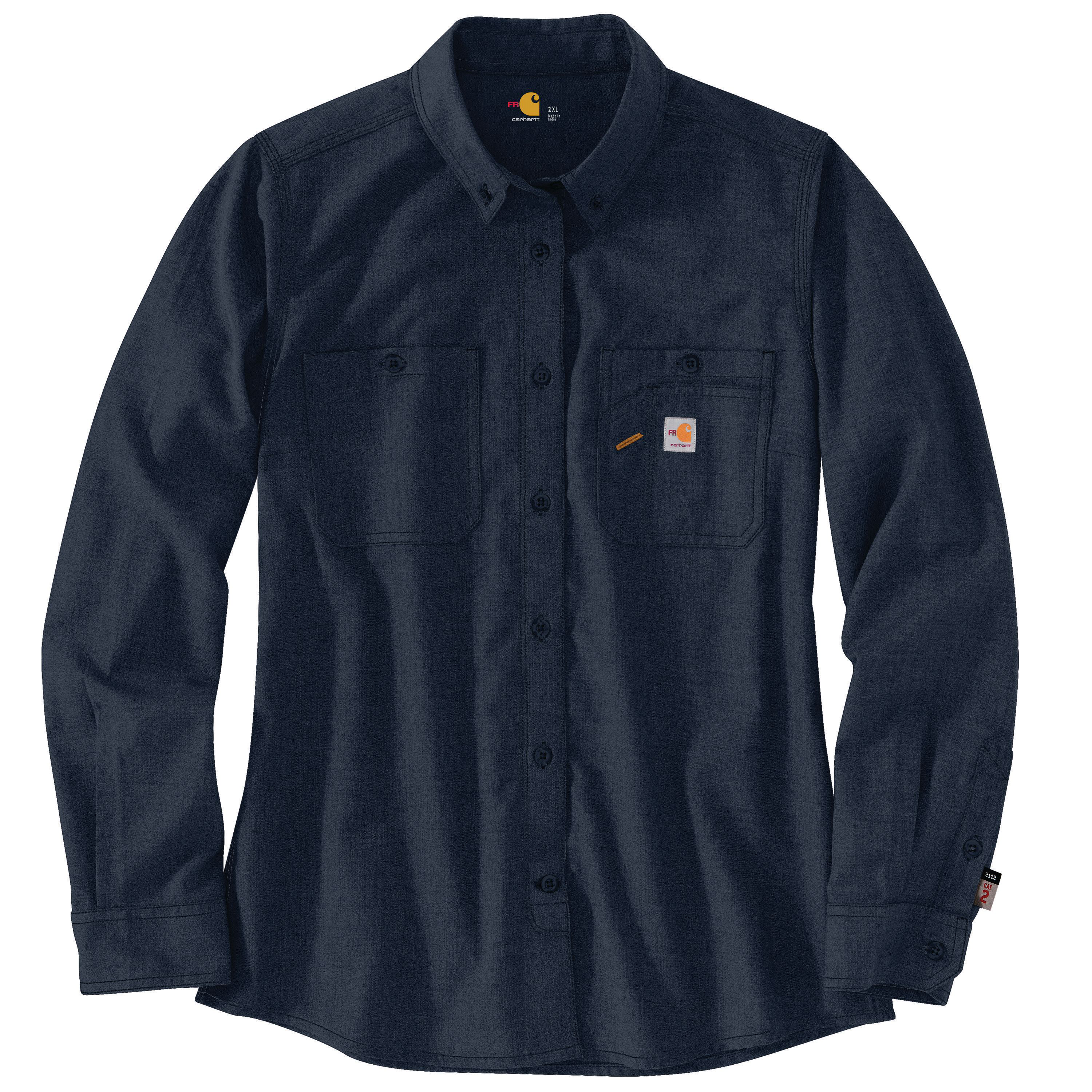 Image of Carhartt Flame-Resistant Force Relaxed Fit Lightweight Long-Sleeve Button-Front Shirt for Ladies - Navy