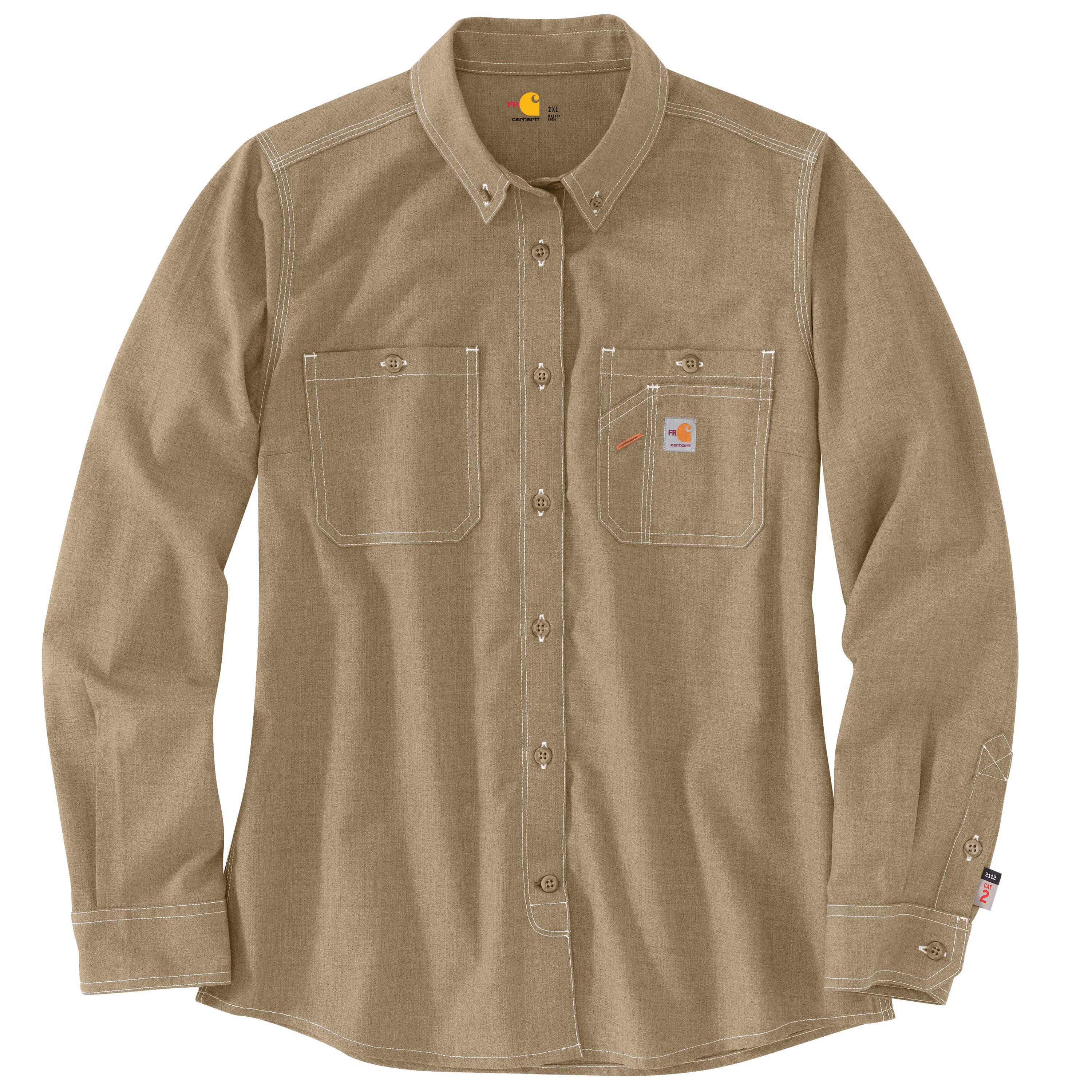 Image of Carhartt Flame-Resistant Force Relaxed Fit Lightweight Long-Sleeve Button-Front Shirt for Ladies - Dark Khaki