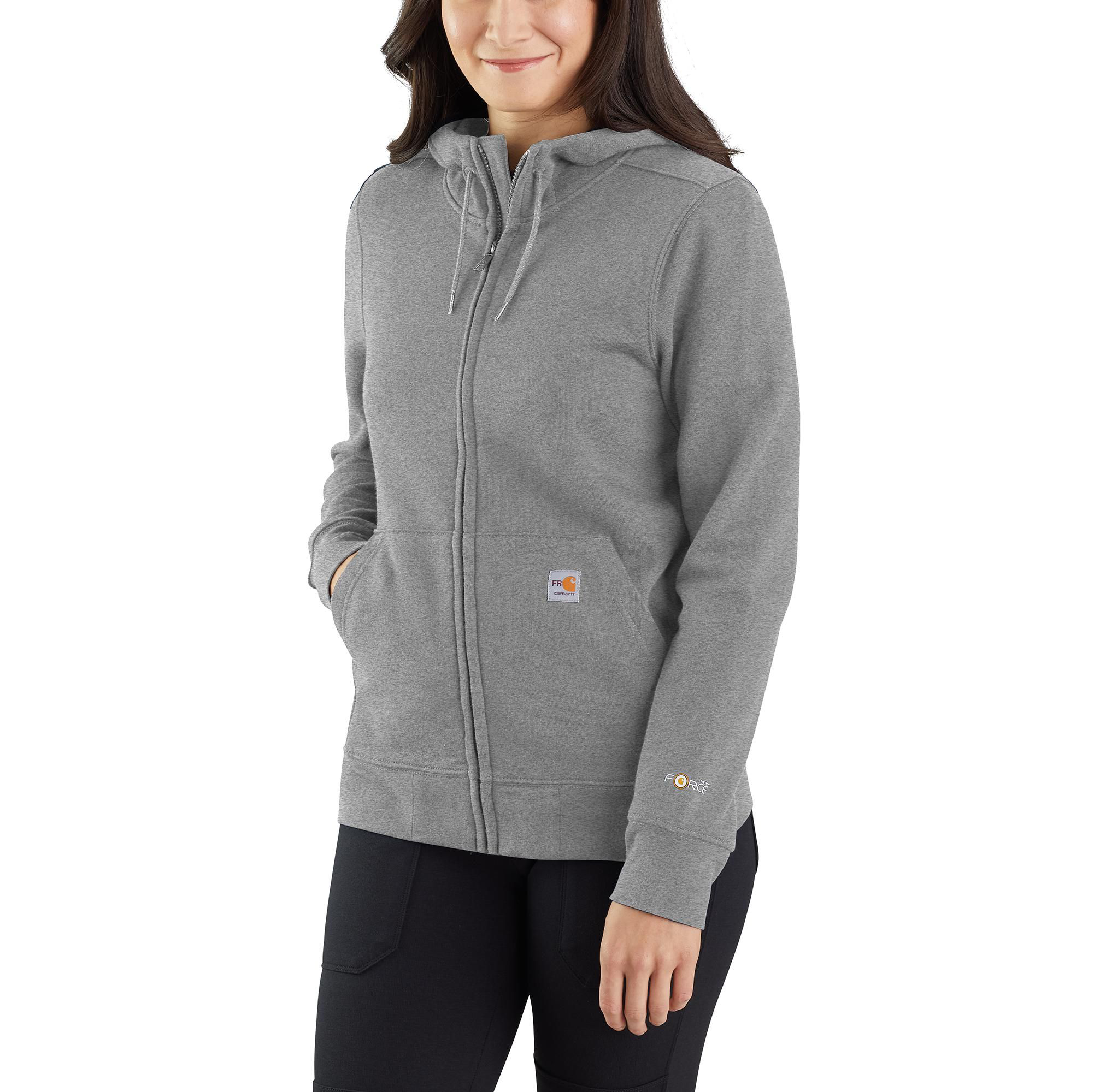 Image of Carhartt Flame-Resistant Force Relaxed-Fit Midweight Zip-Front Hooded Sweatshirt for Ladies - Granite Heather - XS