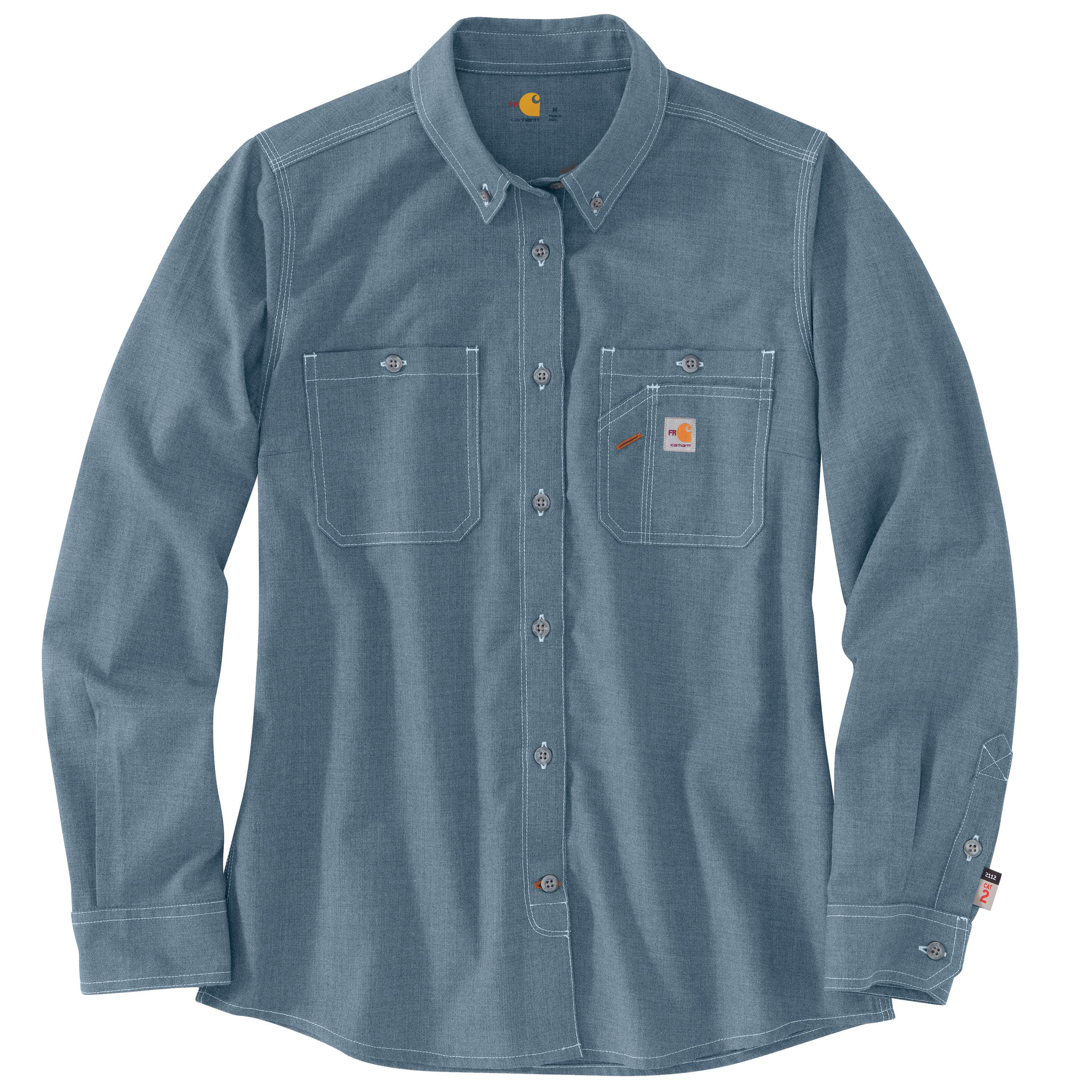 Image of Carhartt Flame-Resistant Force Relaxed Fit Lightweight Long-Sleeve Button-Front Shirt for Ladies - Steel Blue