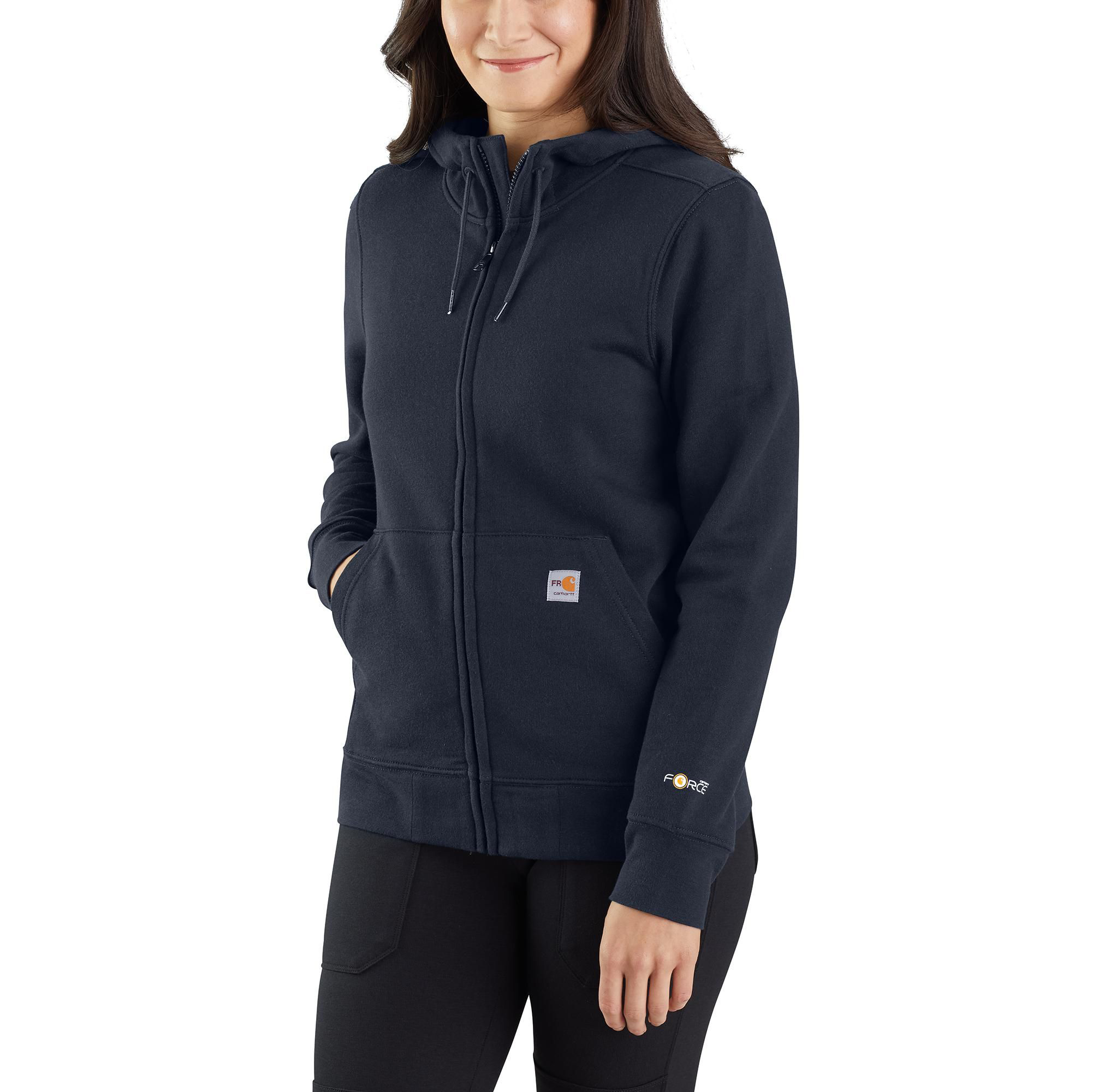 Image of Carhartt Flame-Resistant Force Relaxed-Fit Midweight Zip-Front Hooded Sweatshirt for Ladies - Navy - L