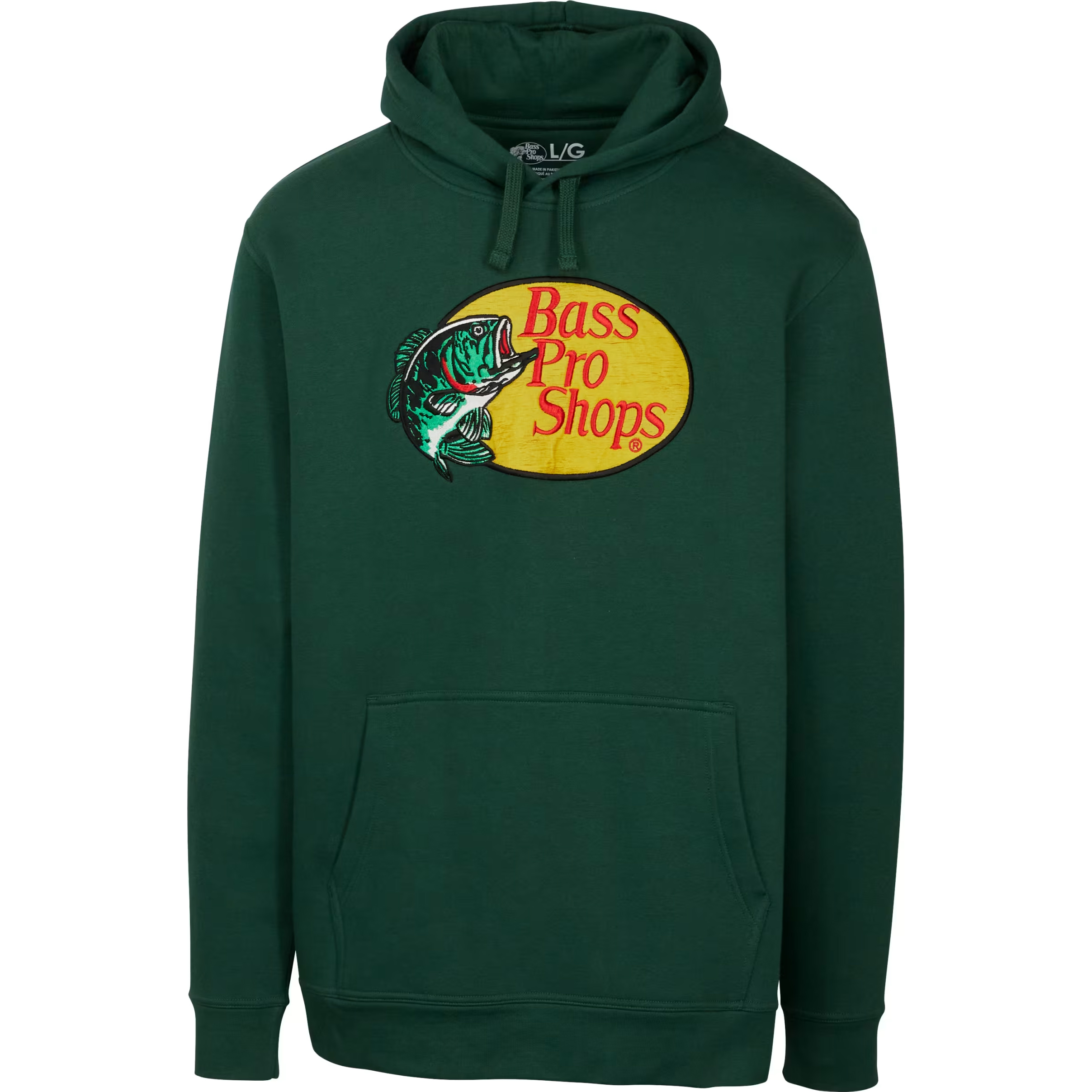 Image of Bass Pro Shops Embroidered Woodcut Logo Long-Sleeve Hoodie for Men - Dark Green