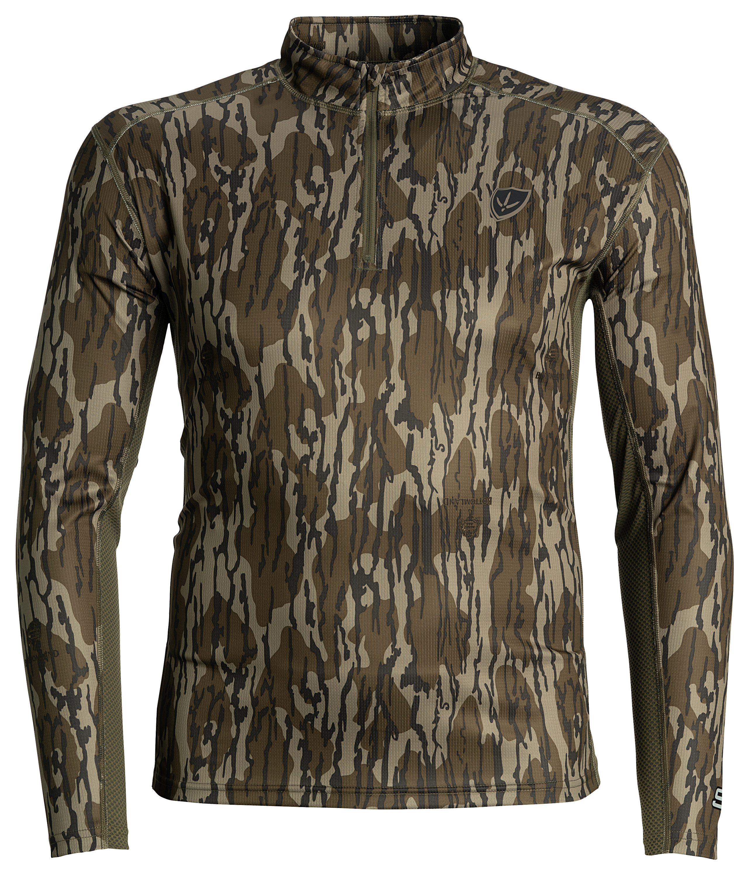 Image of Blocker Outdoors Finisher Turkey Performance Quarter-Zip Long-Sleeve T-Shirt for Men - Mossy Oak Bottomland - L