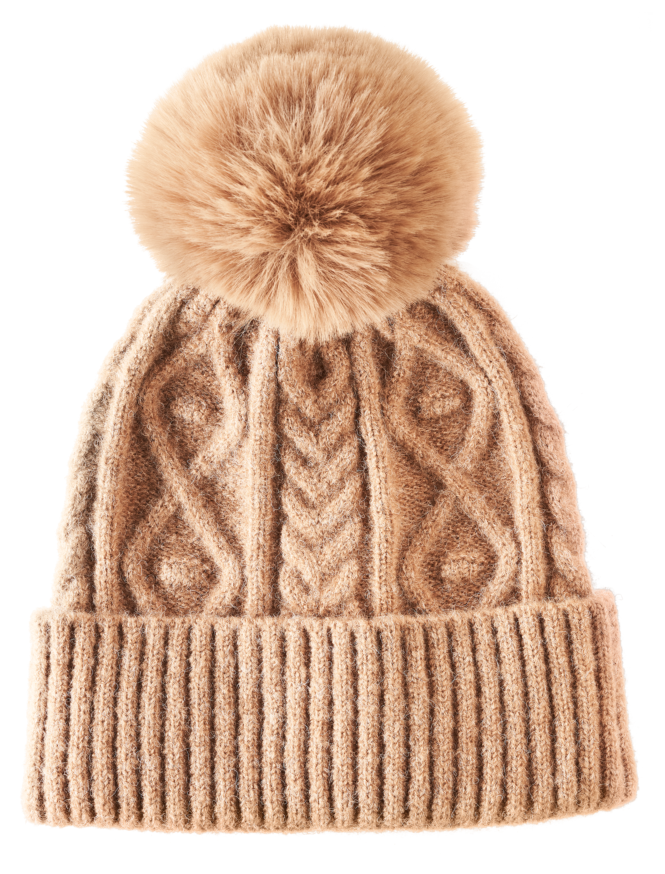 Image of Natural Reflections Cable Knit Pom Beanie for Ladies - Tan