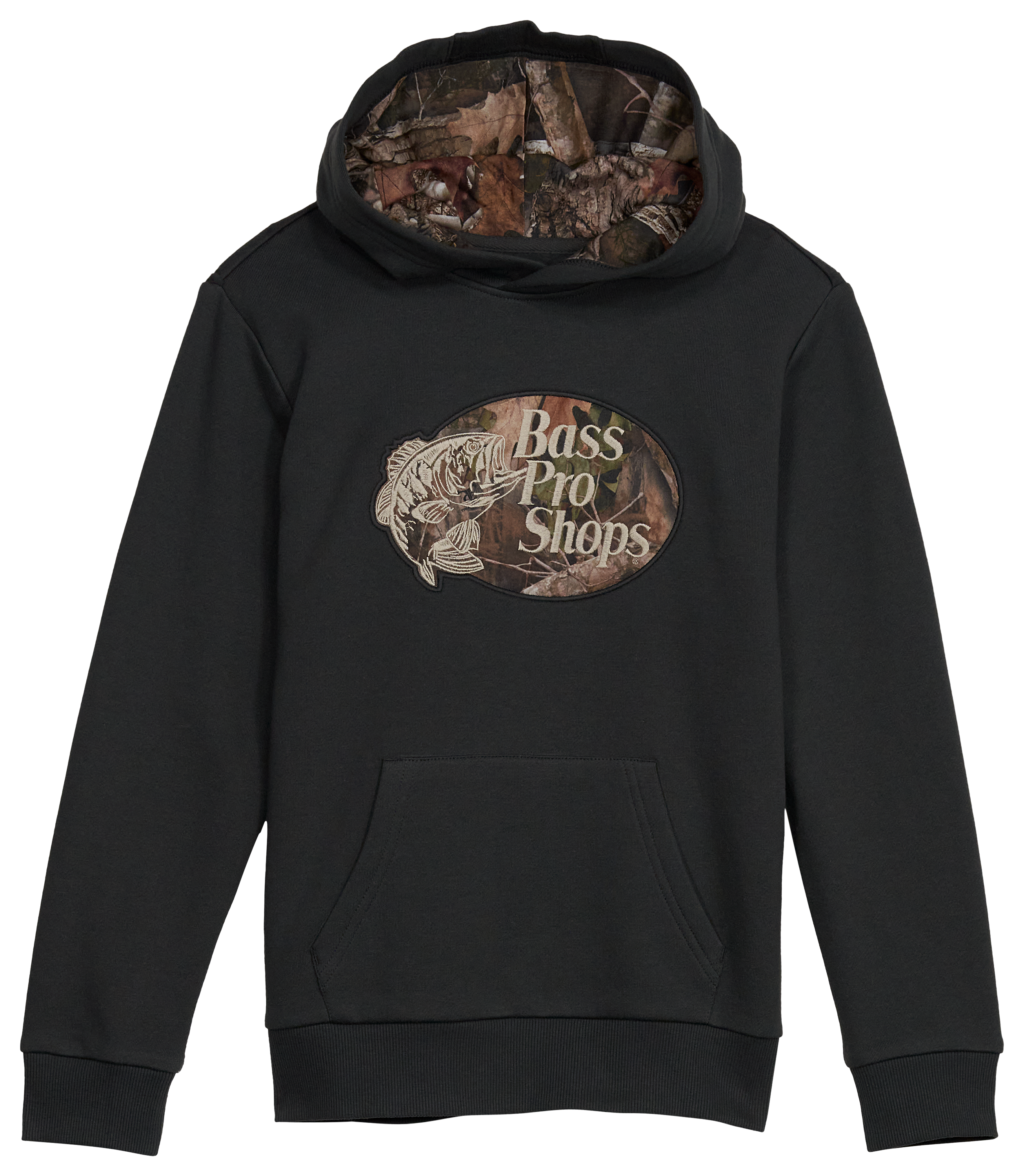 Image of Bass Pro Shops Logo Heavyweight Long-Sleeve Hoodie for Kids - Charcoal/TrueTimber Kanati - S