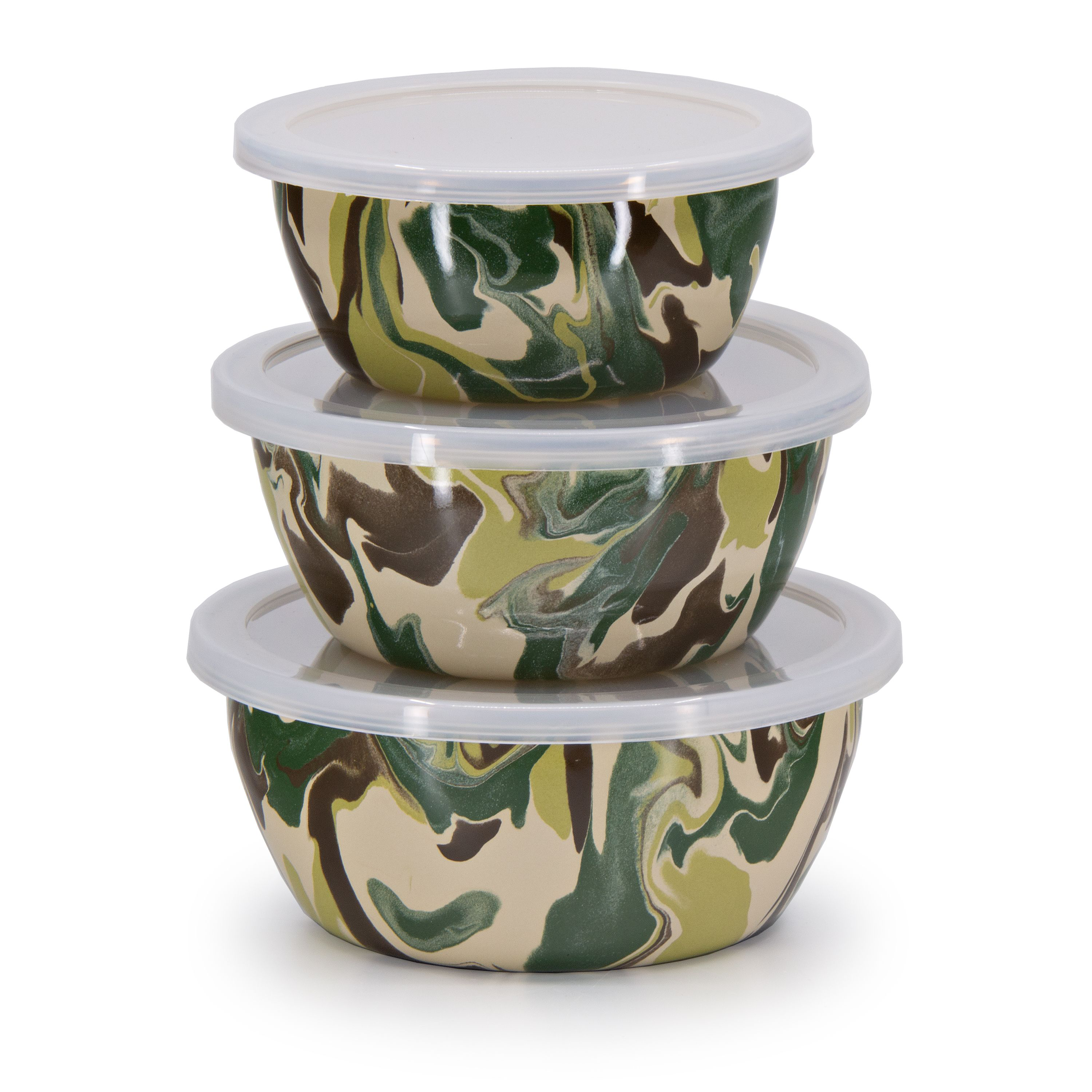 Image of Golden Rabbit Camouflage Enamelware 3 Nesting Bowls with Lids