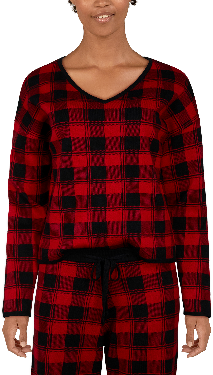 NATURAL REFLECTIONS V-Neck Buffalo Plaid Knit Lounge Sweater for Ladies
