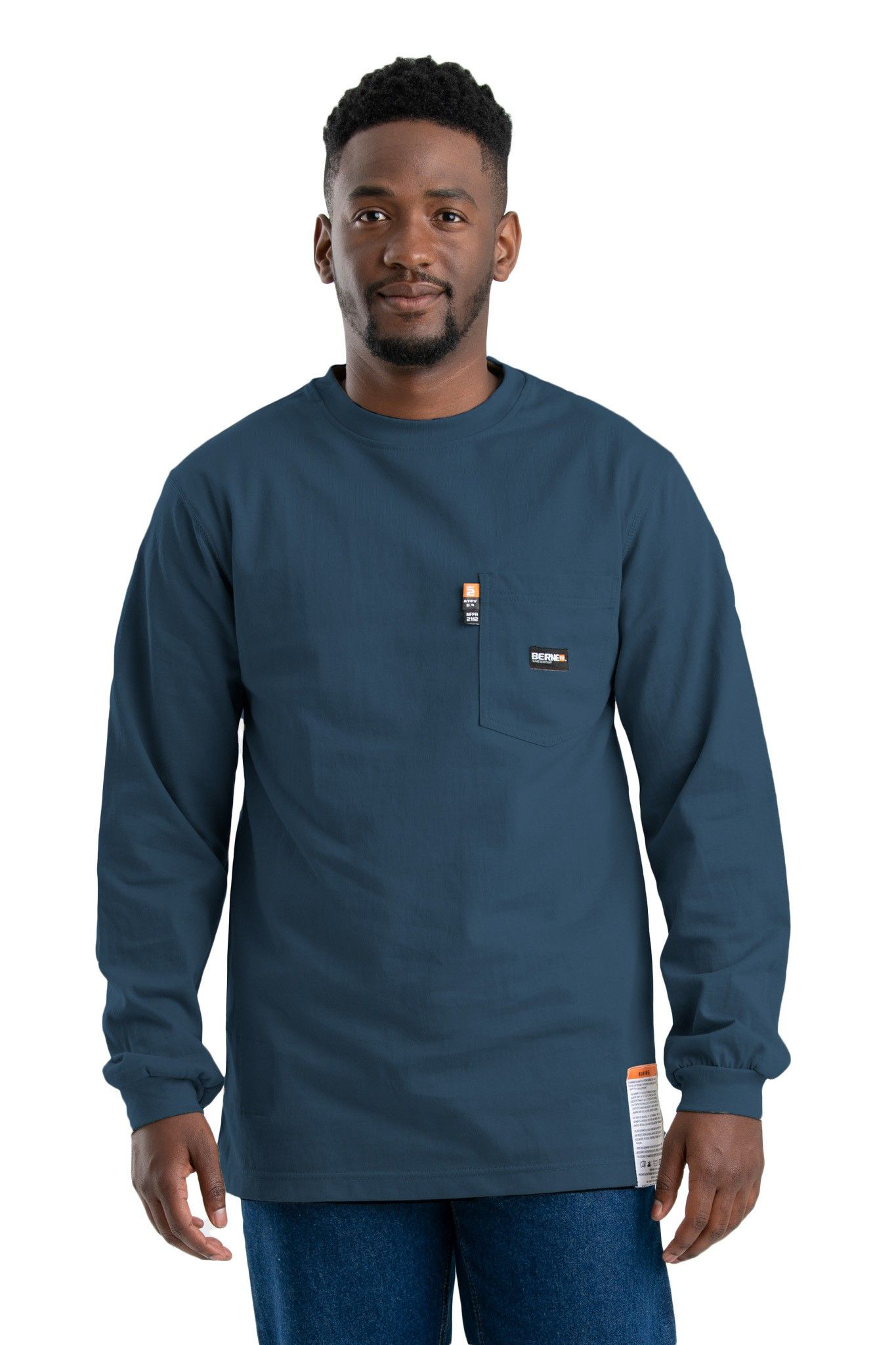 Image of Berne Flame-Resistant Crew-Neck Long-Sleeve Pocket T-Shirt for Men - Navy