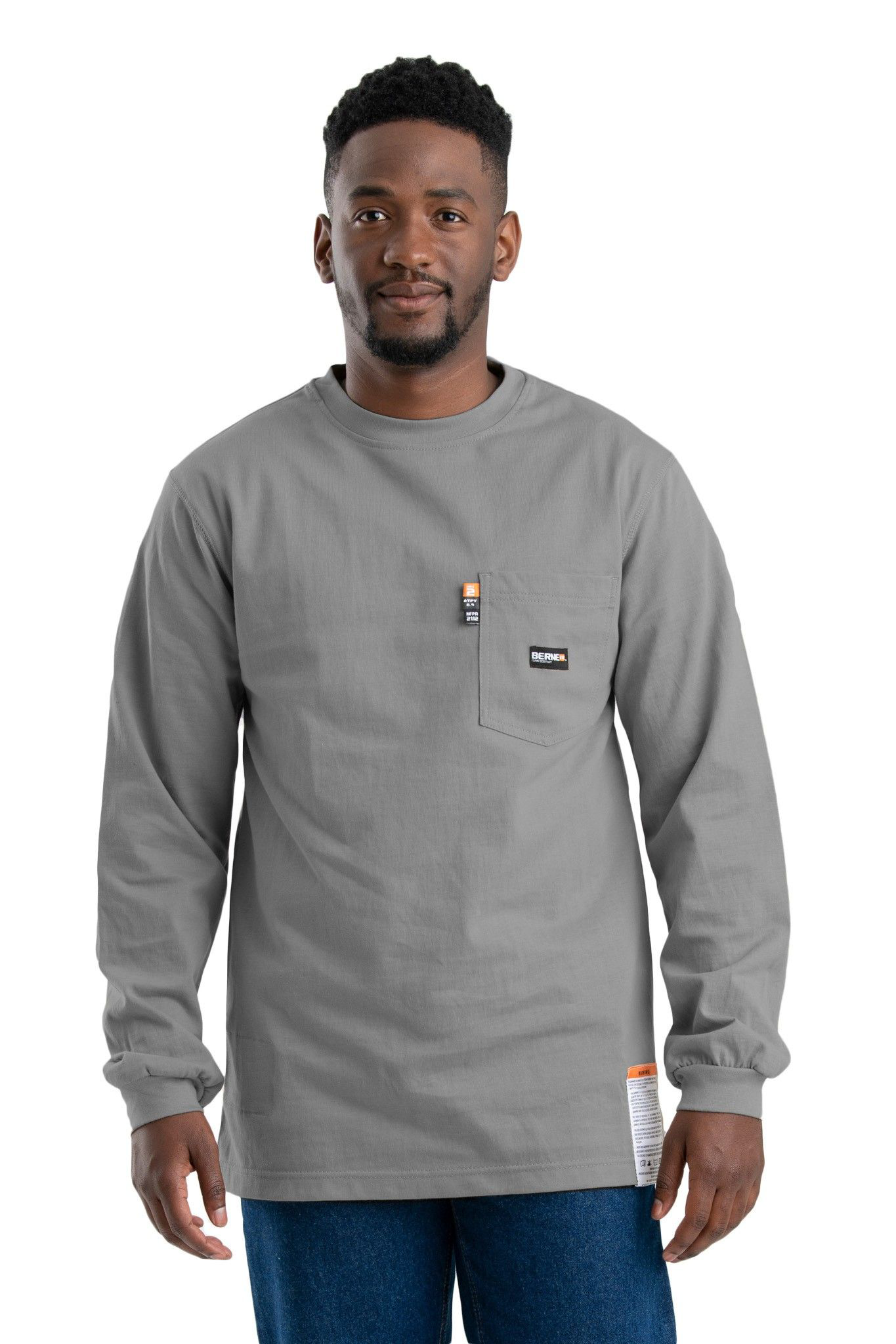Image of Berne Flame-Resistant Crew-Neck Long-Sleeve Pocket T-Shirt for Men - Grey