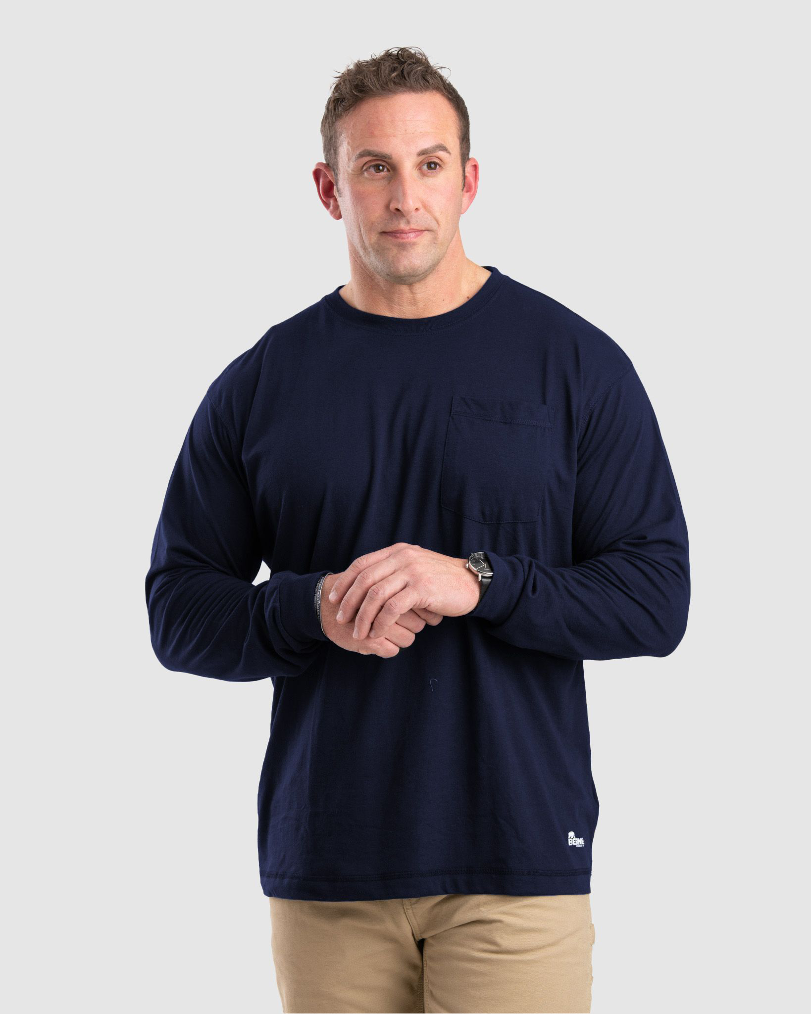 Image of Berne Performance Long-Sleeve Pocket T-Shirt for Men - Navy