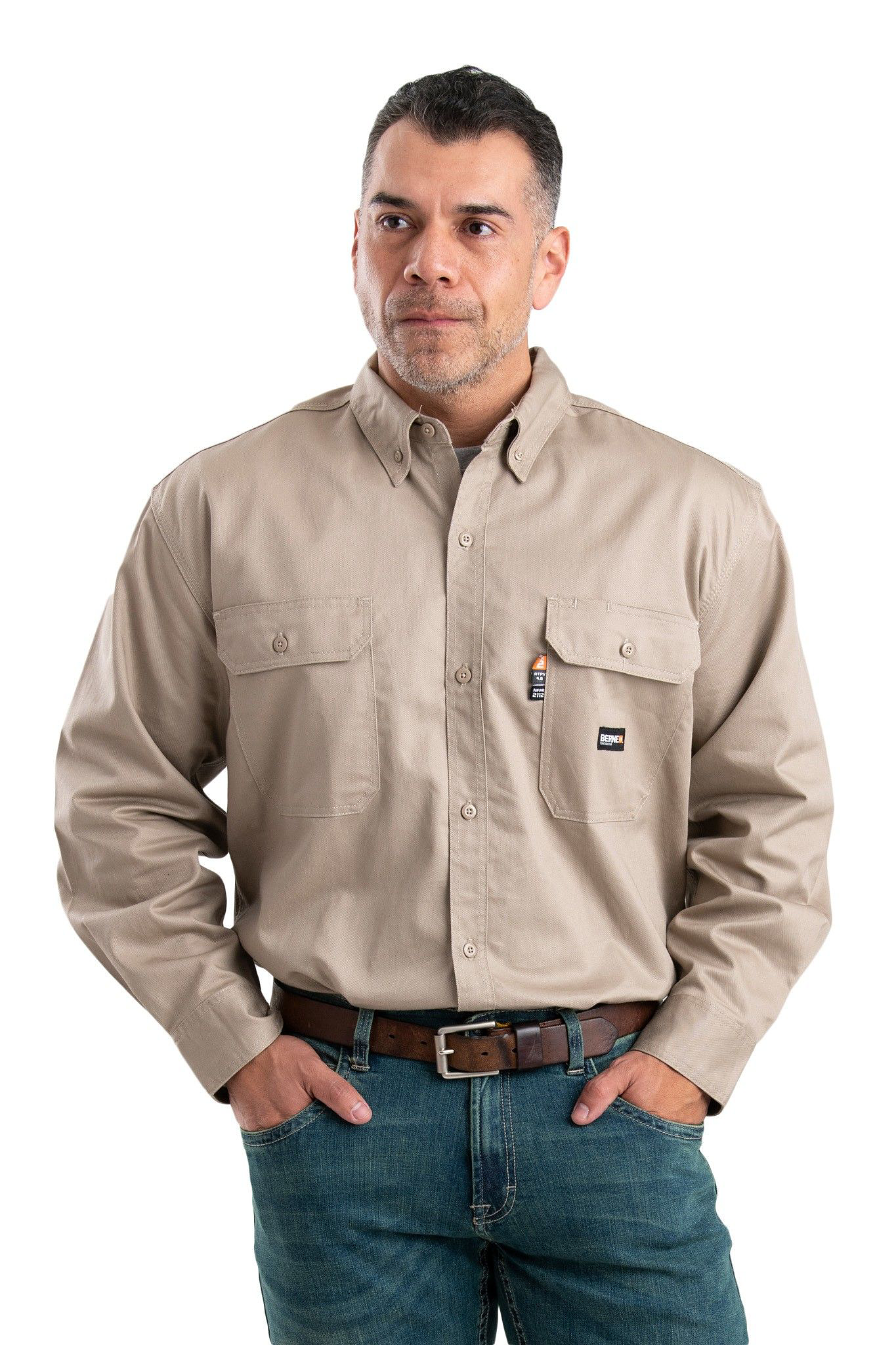Image of Berne Flame-Resistant Long-Sleeve Button-Down Shirt for Men - Khaki