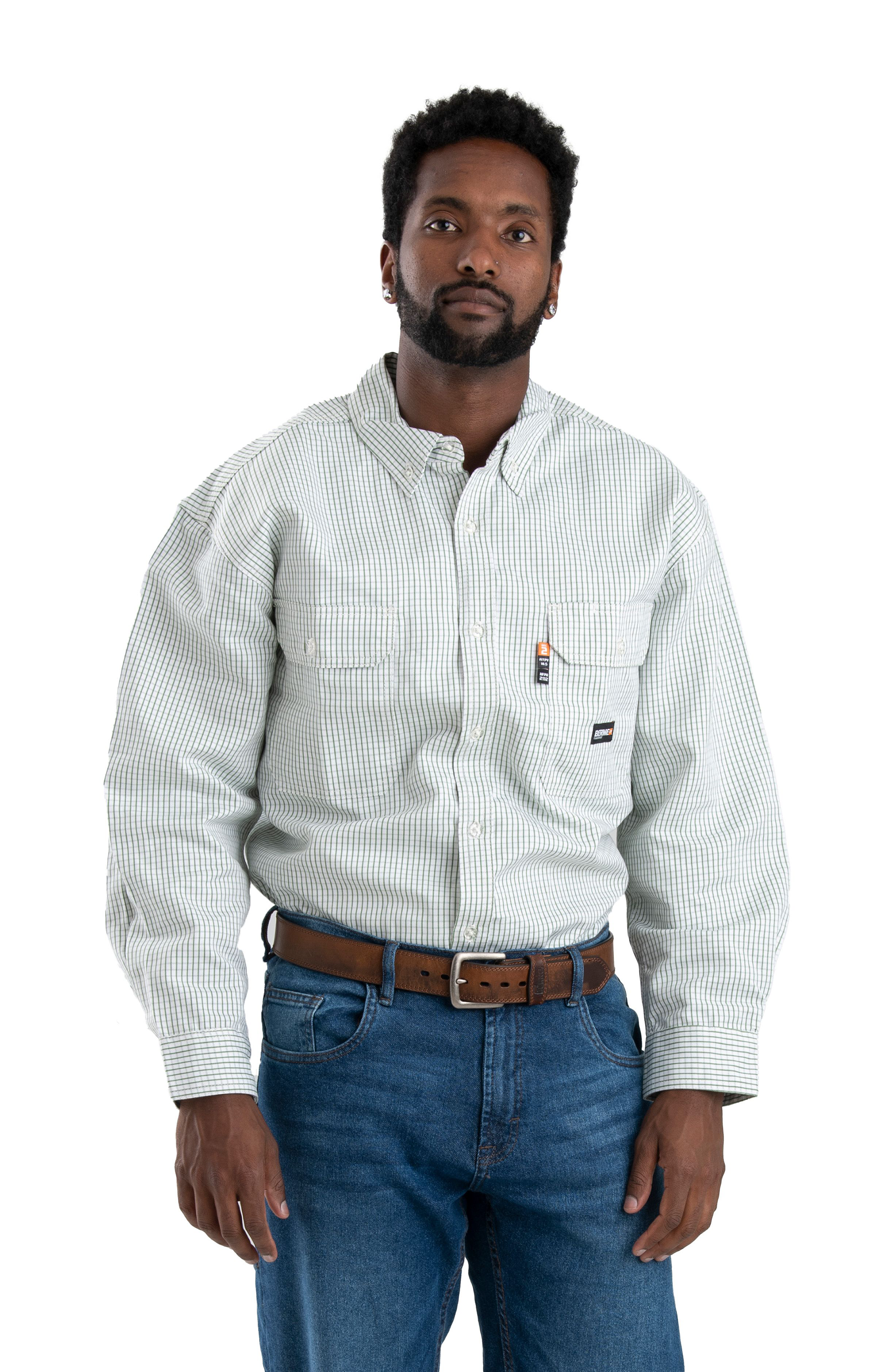 Image of Berne Flame-Resistant Plaid Long-Sleeve Button-Down Shirt - Green