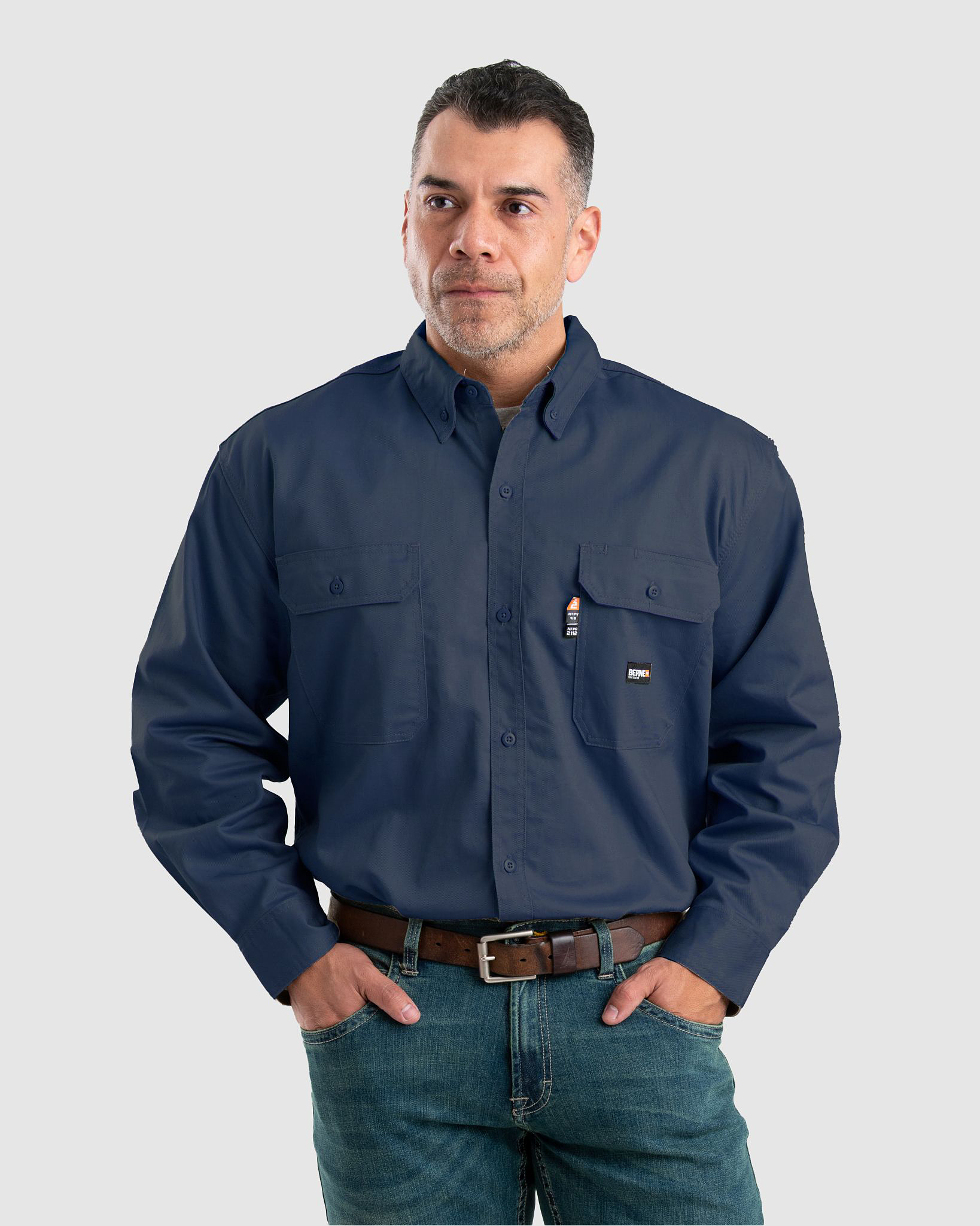 Image of Berne Flame-Resistant Long-Sleeve Button-Down Shirt for Men - Navy