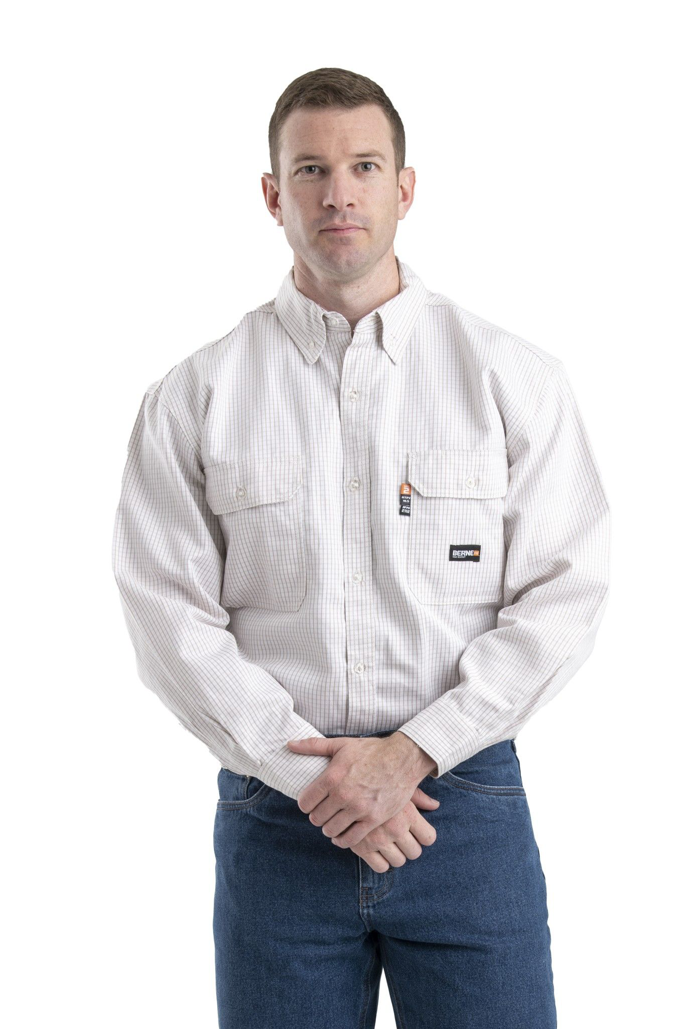 Image of Berne Flame-Resistant Plaid Long-Sleeve Button-Down Shirt - Khaki