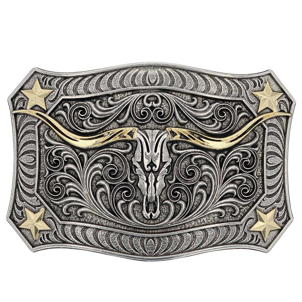 Image of Montana Silversmiths Longhorn Crest Filigree Attitude Belt Buckle