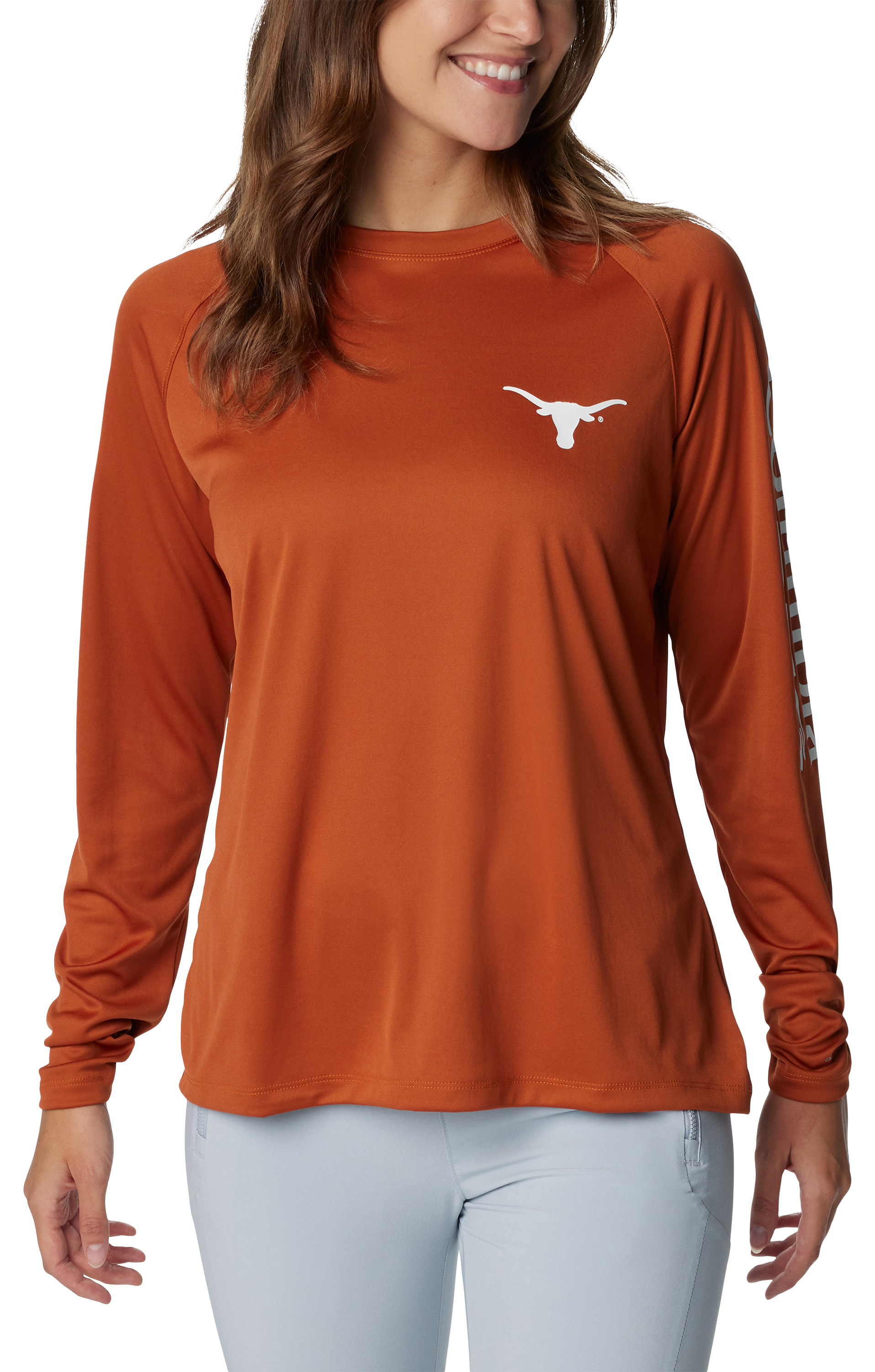 Image of Columbia PFG Tidal Tee Collegiate Long-Sleeve Shirt for Ladies - Univ of Texas/Cedar - XL