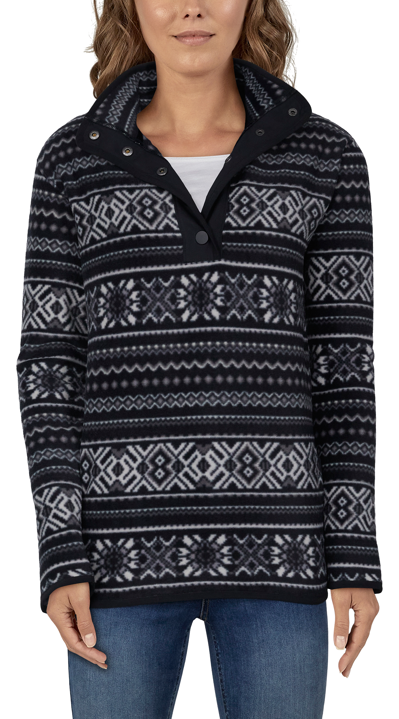 Image of Natural Reflections Fair Isle Fleece Mock-Neck Long-Sleeve Top for Ladies - Anthracite - XL