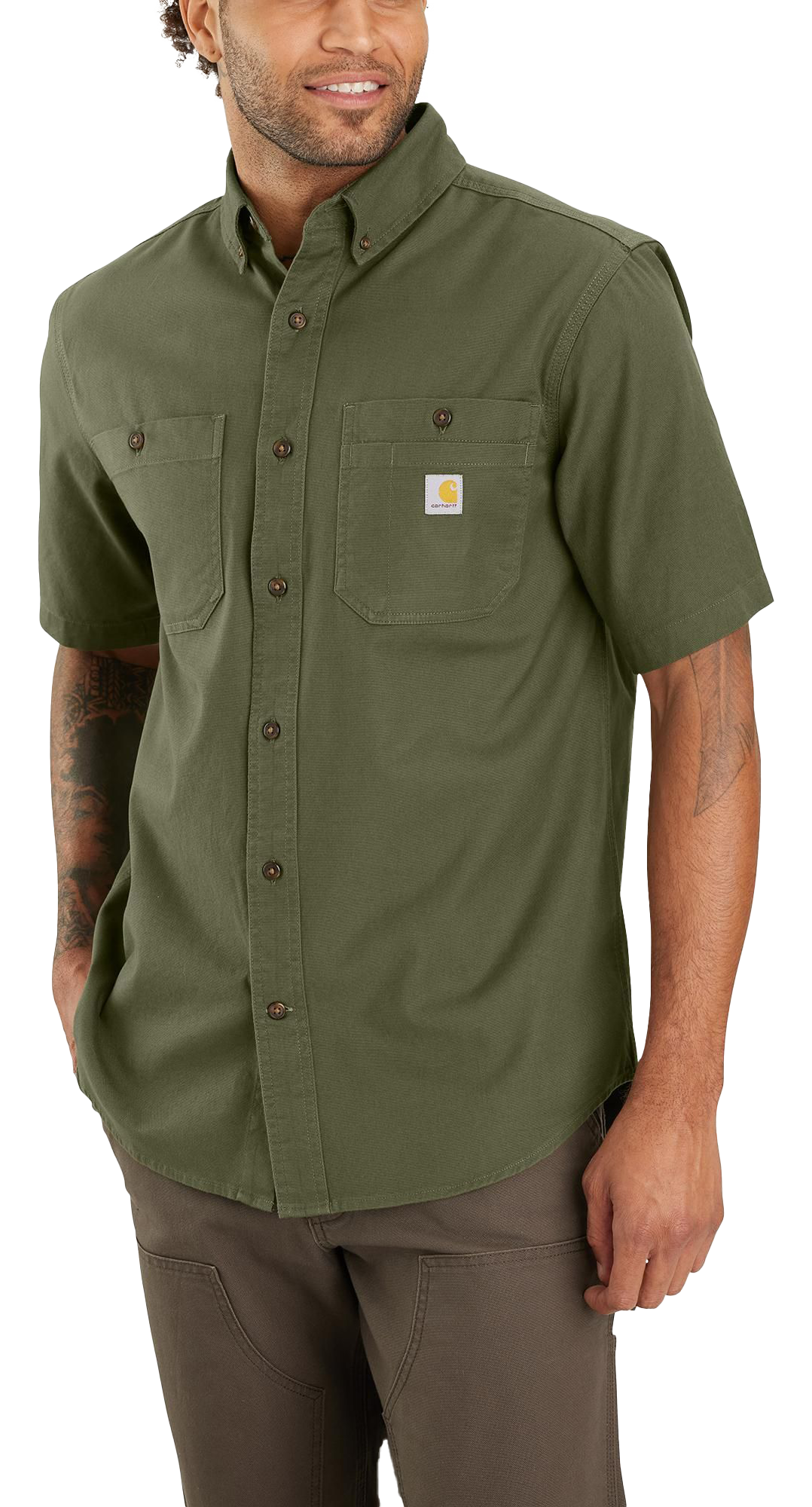 Image of Carhartt Rugged Flex Relaxed-Fit Midweight Canvas Short-Sleeve Shirt for Men - Basil - S