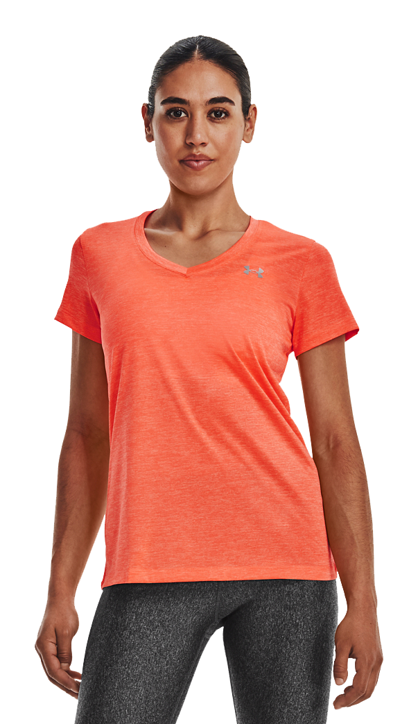 Under Armour Womens Tech Twist V-Neck  (Cerise/Pink-Lemonade/Metallic-Silver), Under Armour, All Womens Clothing, Womens Clothing
