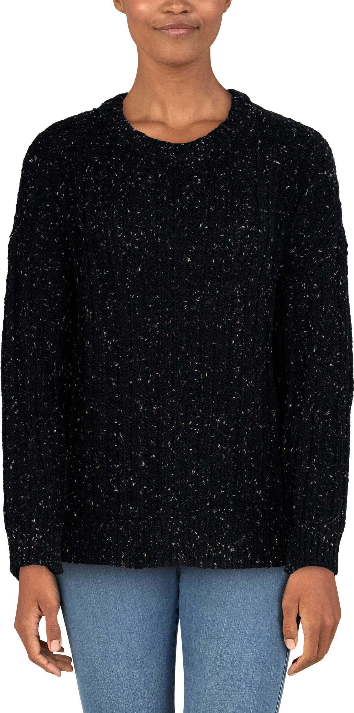 Image of Natural Reflections Marled Crew-Neck Sweater - Black Tan/Cream Fleck - L