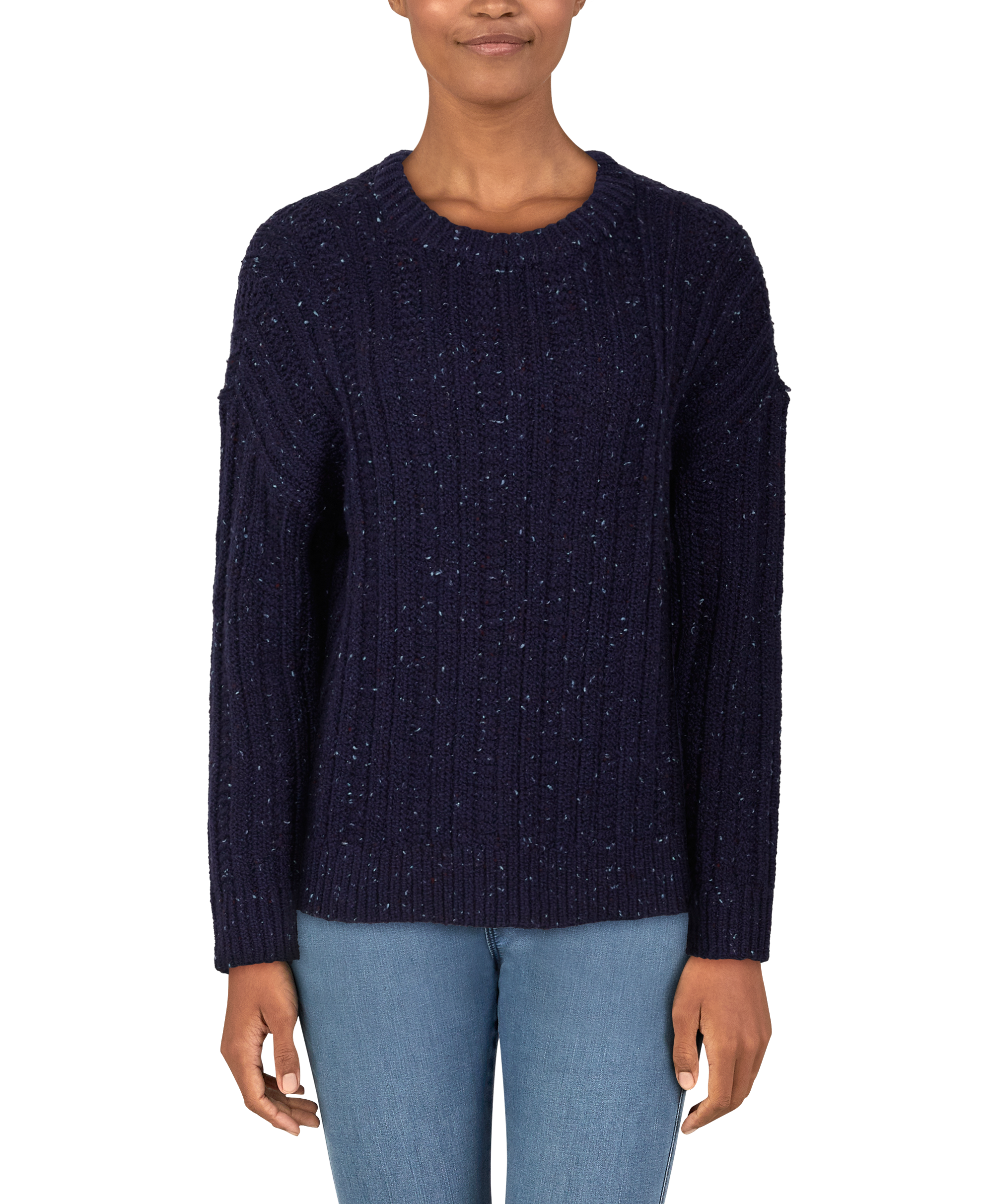 Image of Natural Reflections Marled Crew-Neck Sweater - Navy Blue/Cabernet Fleck - S
