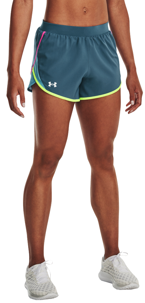 Image of Under Armour Fly-By 2.0 Shorts for Ladies - Static Blue/Lime Surge/Reflective